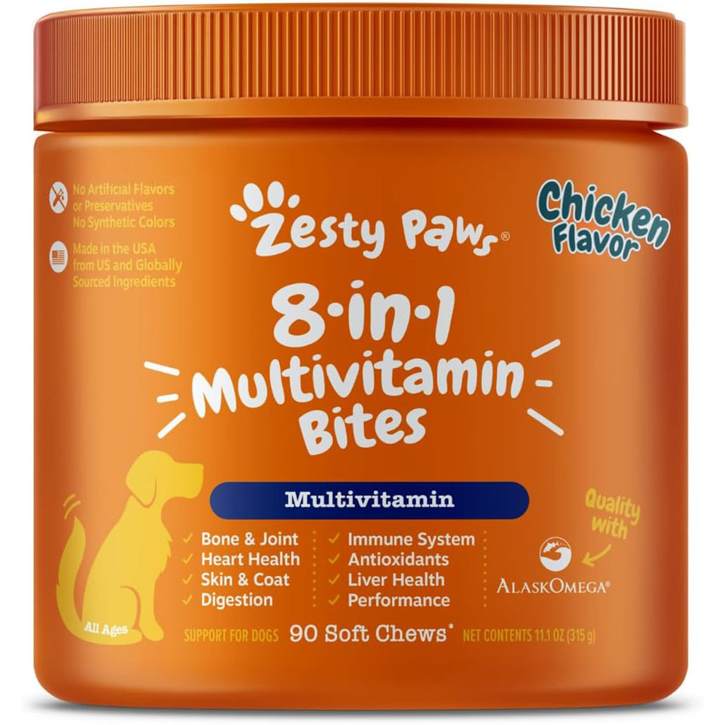 Zesty Paws Dog Multivitamin, Chewable Dog Vitamins and Supplements for Hip & Joints, Skin & Coat, Omega 3 Fish Oil for Dogs- Senior & Puppy Multivitamin- Chicken- 90ct