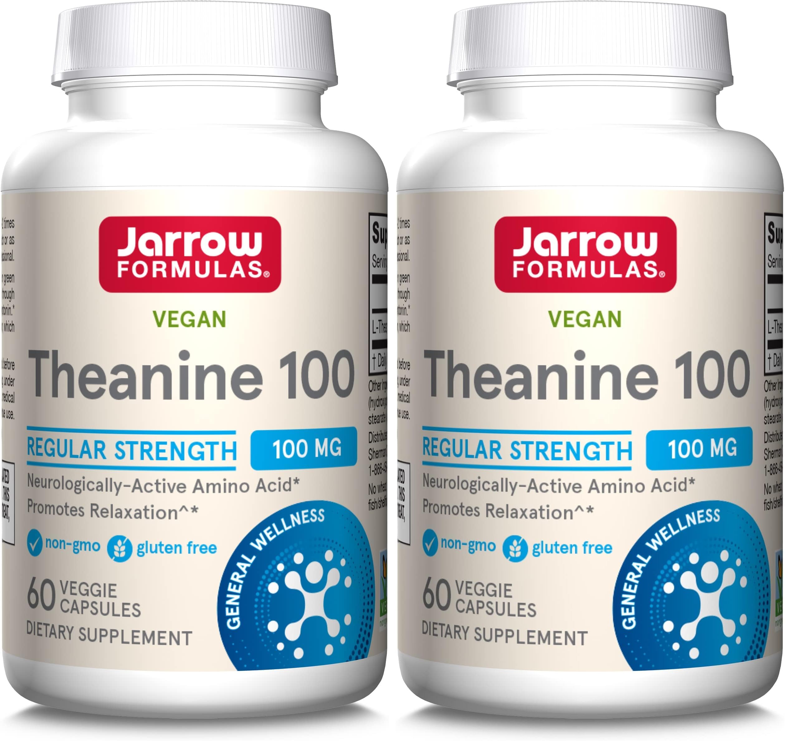 Jarrow Formulas® Regular Strength Theanine 100 mg,Dietary Supplement,60 Capsules,60 Day Supply,(Pack of 2)