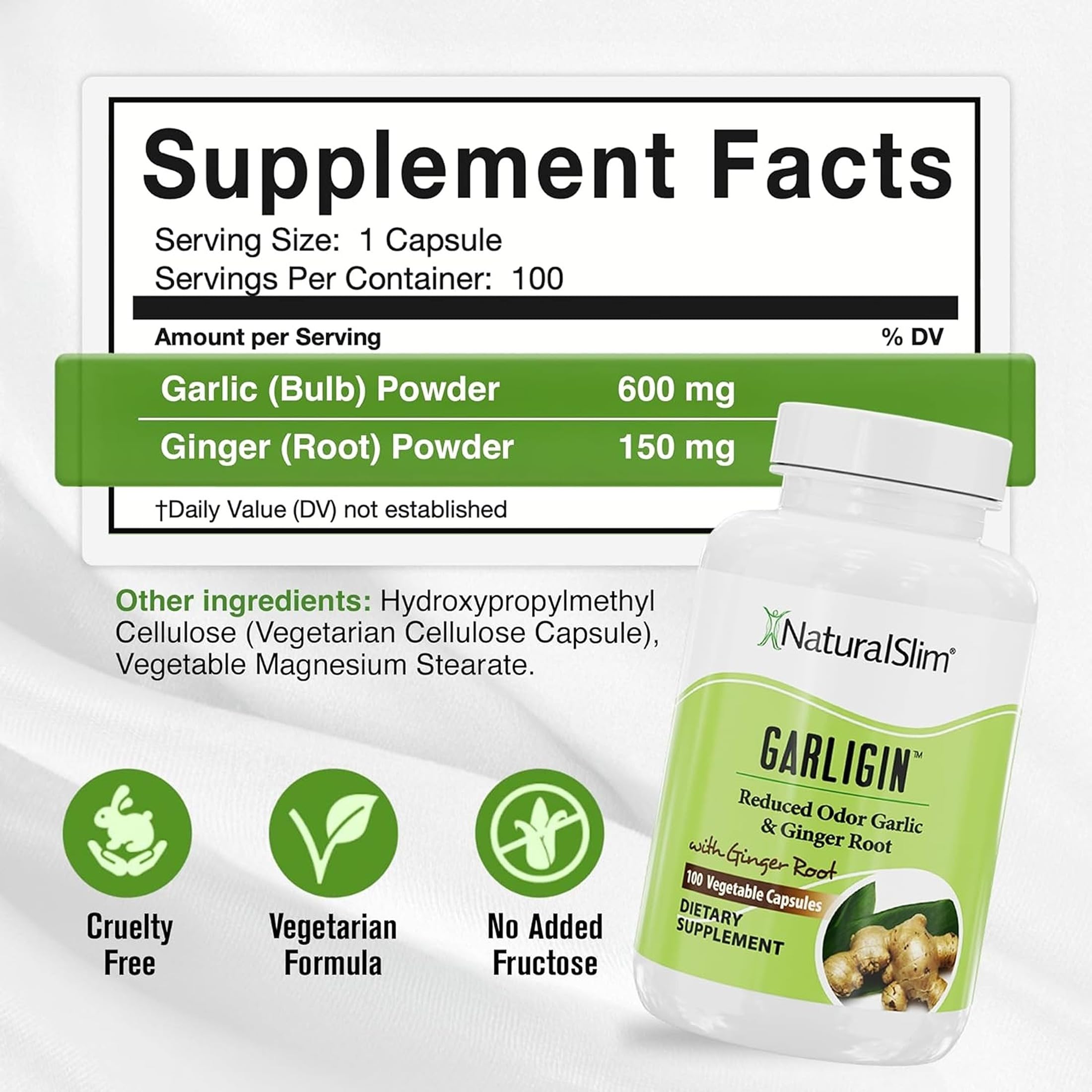 NaturalSlim Garligin Odorless Garlic Supplement with Ginger for Immune Support, Metabolism Booster, Supports Natural Body Balance & Improves Digestion - 100 Capsules