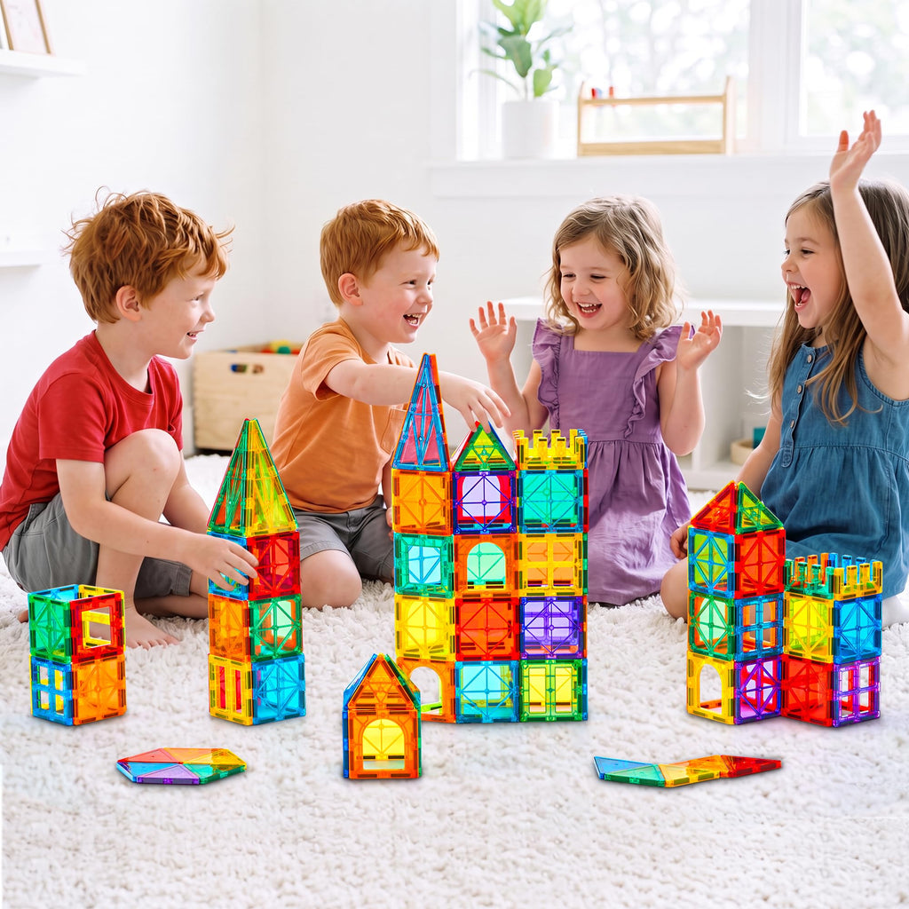 Gemmicc 100 PCS Magnetic Tiles with 2 Cars, STEM Approved Educational Magnet BuildingToys, Magnet Puzzles Stacking Blocks for Boys Girls