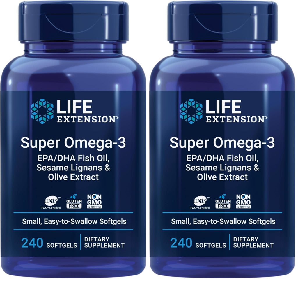 Life Extension Super Omega-3 EPA/DHA Fish Oil, Sesame Lignans & Olive Extract – Heart, Brain, Inflammation Health Support, Gluten-Free, Easy to Swallow, Non-GMO, 240 Softgels (Pack of 2)