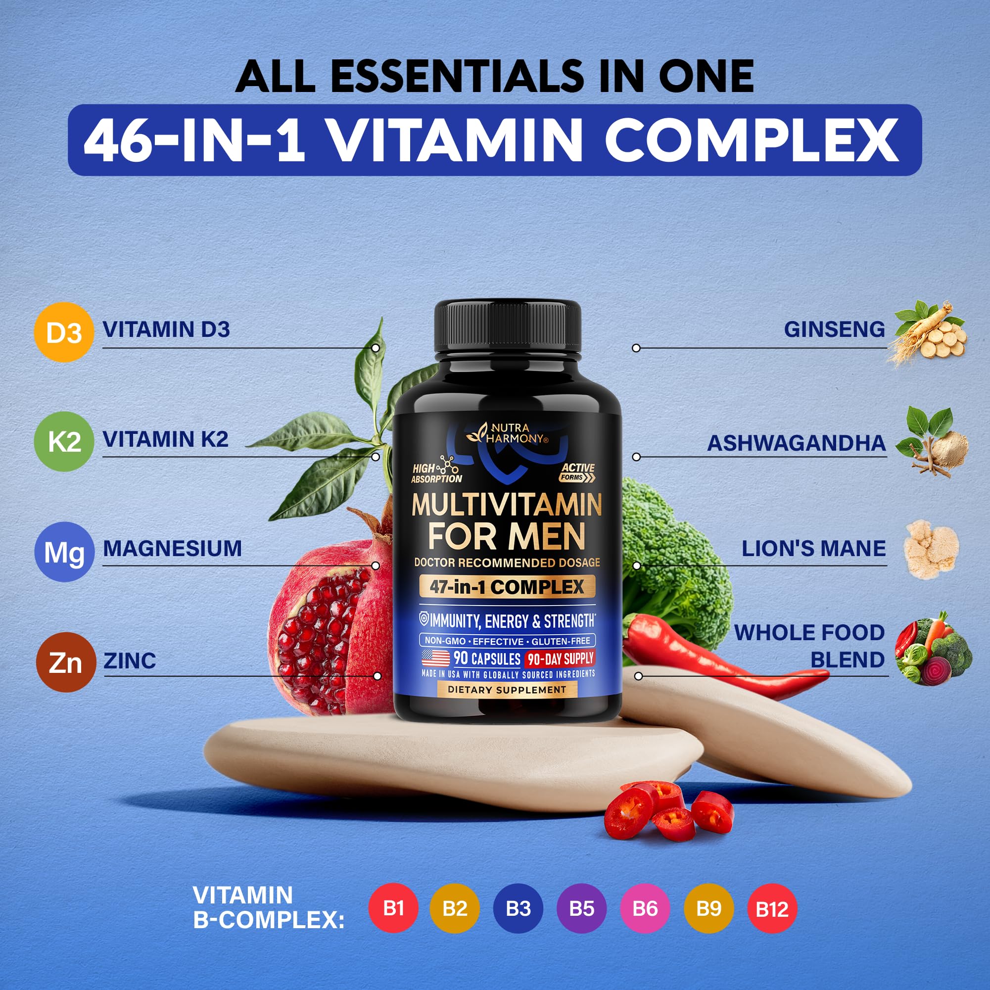 Multivitamin for Men - B-Complex | Whole Foods & Enzymes - Energy, Focus & Brain | Men's Health Complex - 46in1 Mens Multivitamin - Bioavailable & Gentle on Stomach - Lab Tested - 90 Capsules, 1/Day