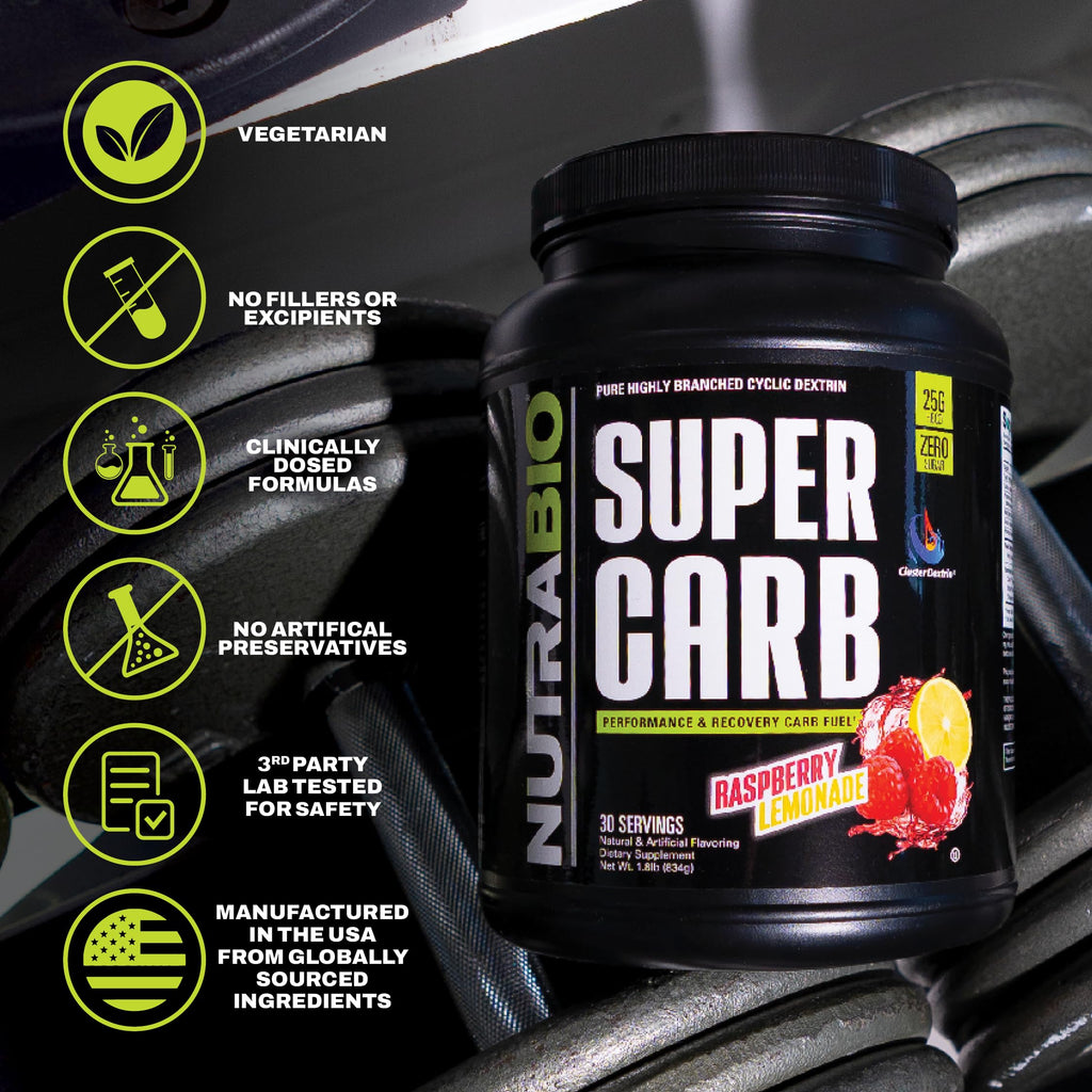 NutraBio Super Carb, Carbohydrate Powder with Cluster Dextrin & Electrolytes, Advanced Carb Supplement Powder for Workout Fuel,Performance, and Muscle Recovery,Cyclic Dextrin,Raspberry Lemonade, 30 Sv