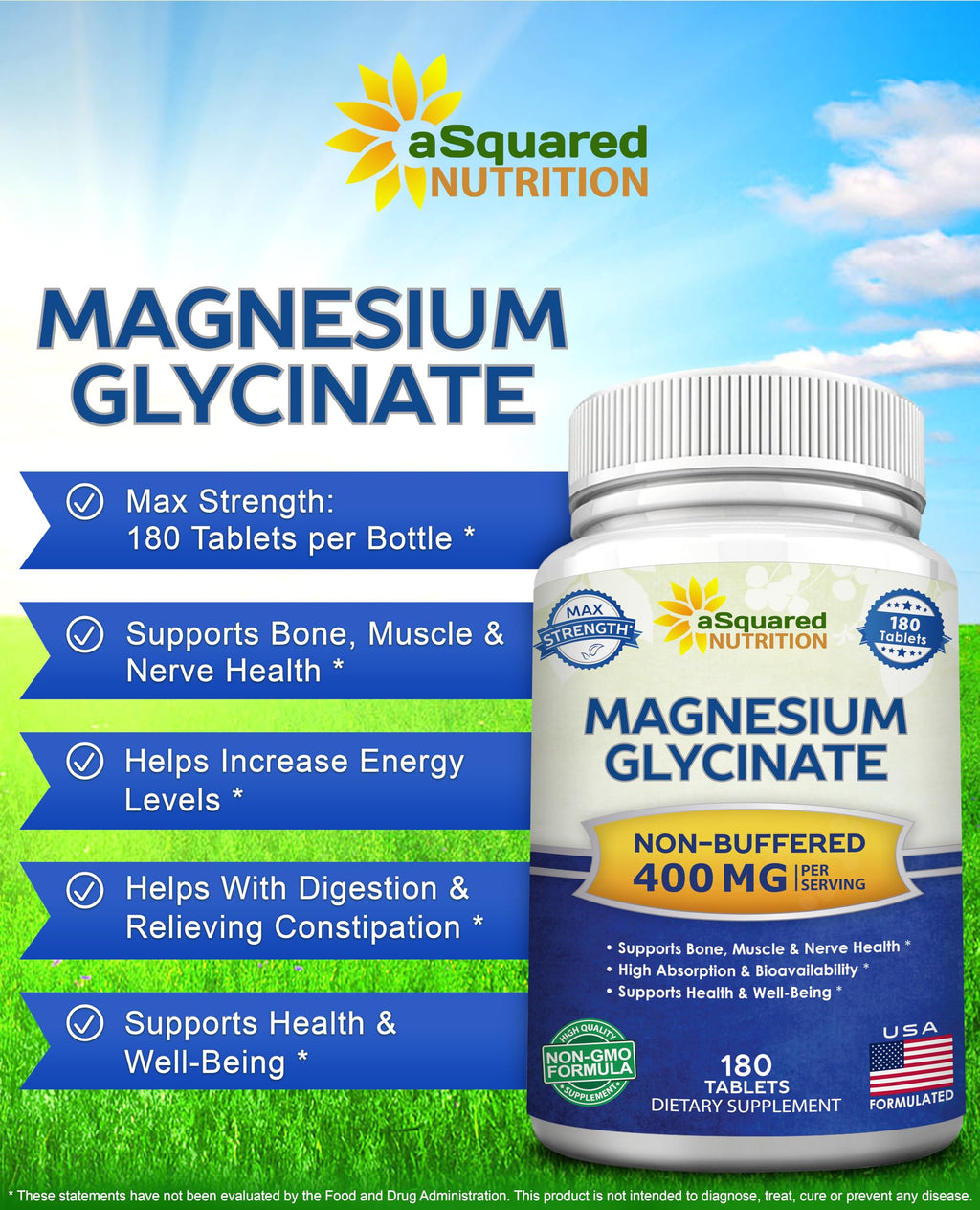 aSquared Nutrition Magnesium Glycinate 400mg - 180 Tablets - Max Strength Magnesium Bisglycinate Supplement -Maximum Bioavailability & Absorption-Non-GMO -Not Buffered-Supports Muscles, Bones & Heart