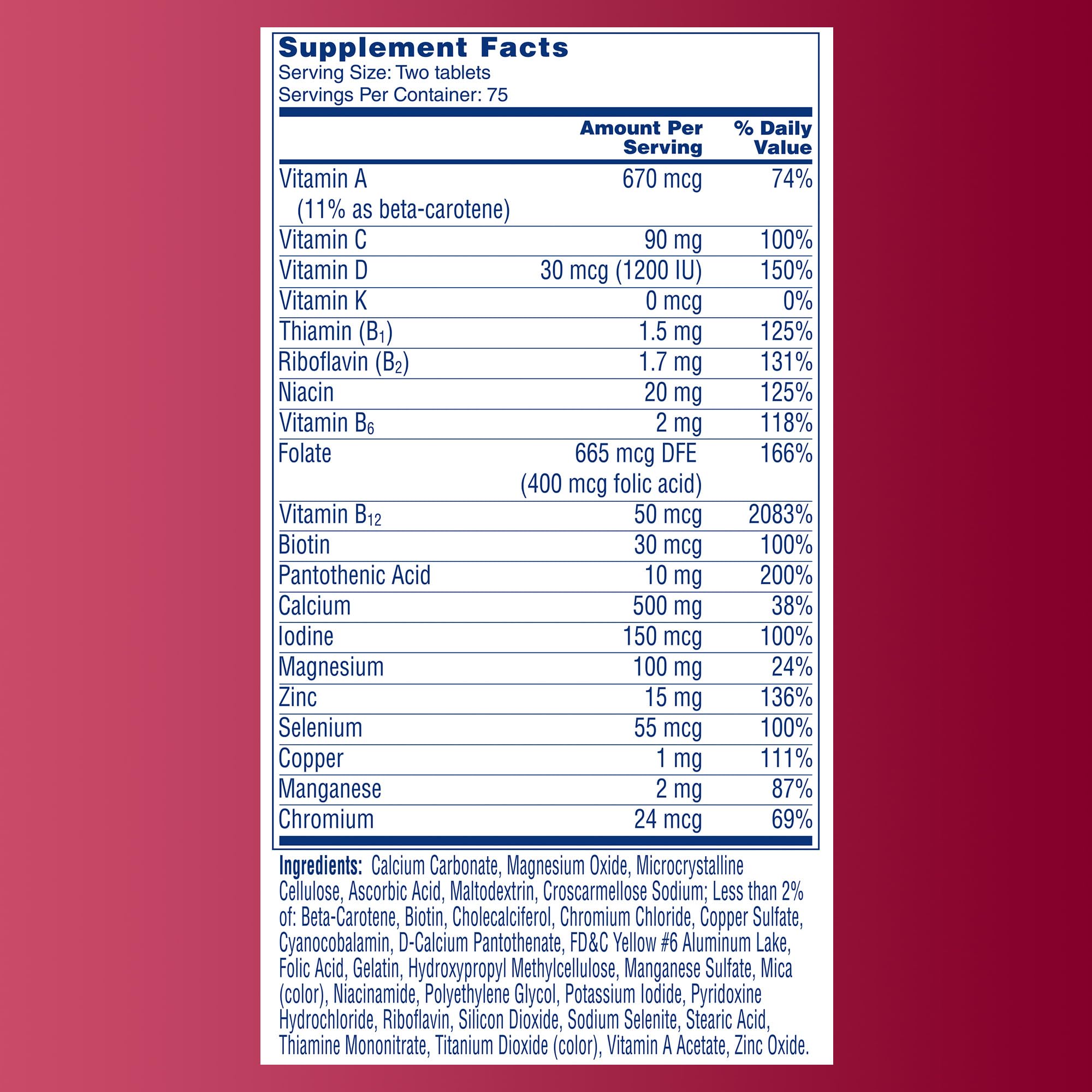One A Day Proactive 65+, Mens & Womens Multivitamin, Supplement with Vitamin A, C, D, and Zinc to Support Bone Health & Cell Health, Calcium, Folic Acid, Tablet 150 Count
