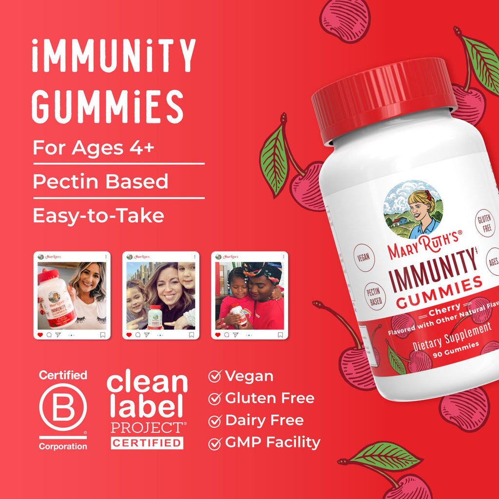 Mary Ruth's 5-1 Immunity Gummies with Elderberry for Kids & Adults | Cherry | Pectin Based | Vegan | 90 Count