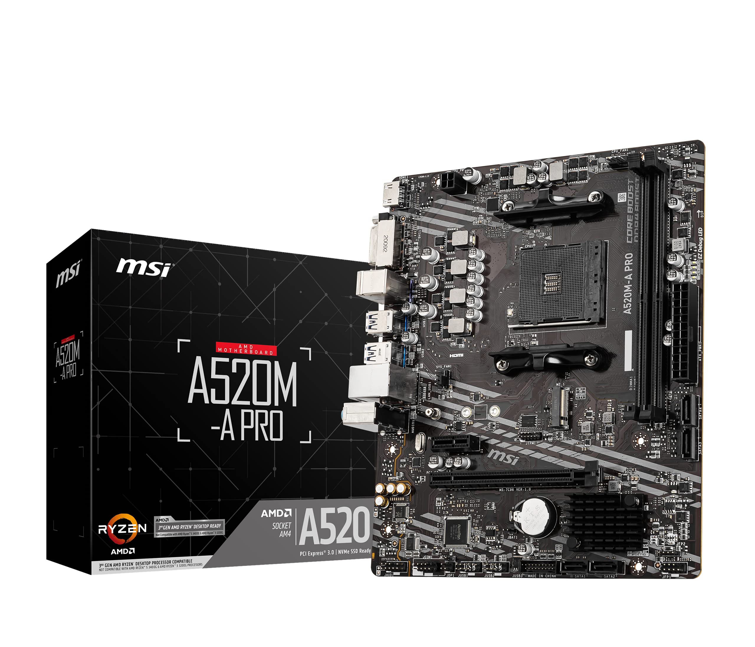 MSI A520M-A PRO Gaming Motherboard (AMD Ryzen 5000, AM4, DDR4, PCIe 3.0, SATA 6Gb/s, M.2, USB 3.2 Gen 1, DVI/HDMI, Micro-ATX)