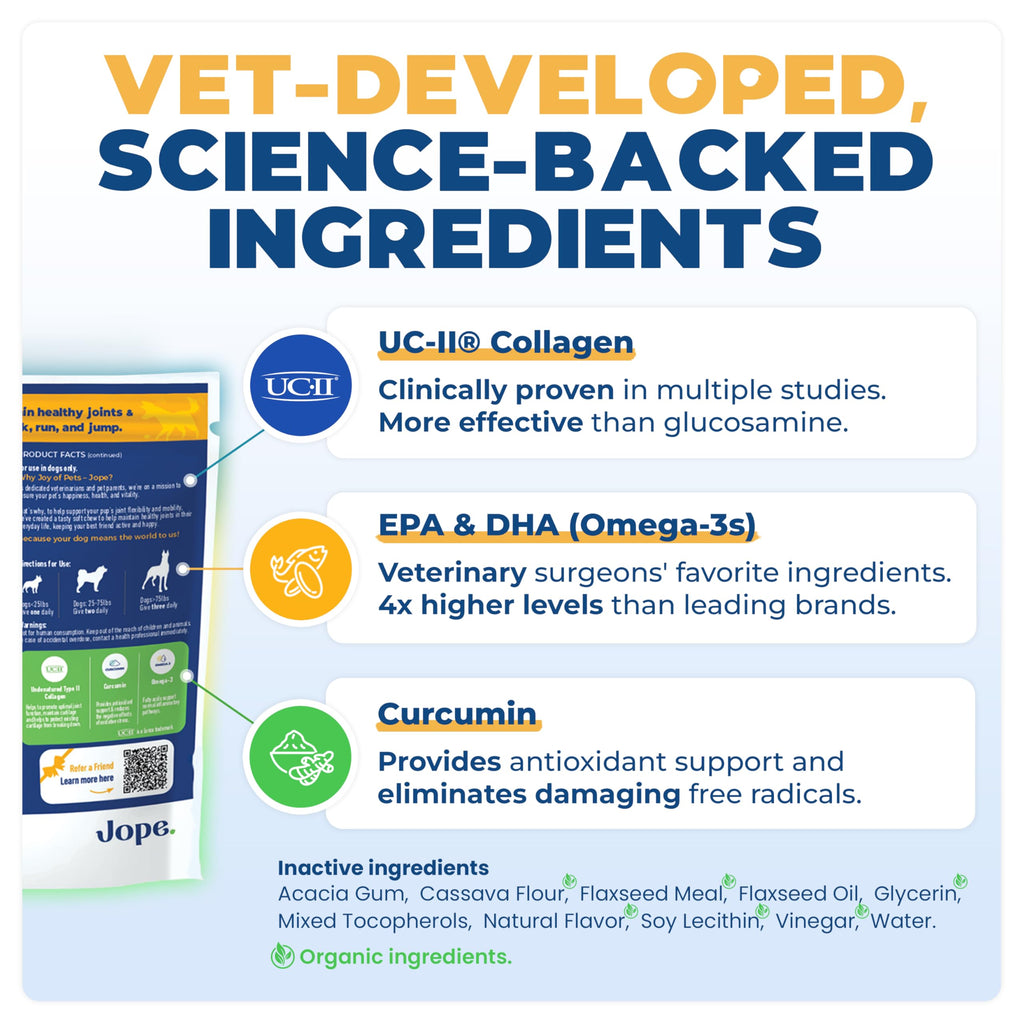 Jope Hip & Joint Supplement for Dogs Large, Medium, Small - Joint Chews w/UC-II® Collagen - Proven Better Than Glucosamine Chondroitin in Canine Health - Veterinarian Formulated, Omega 3 & Curcumin