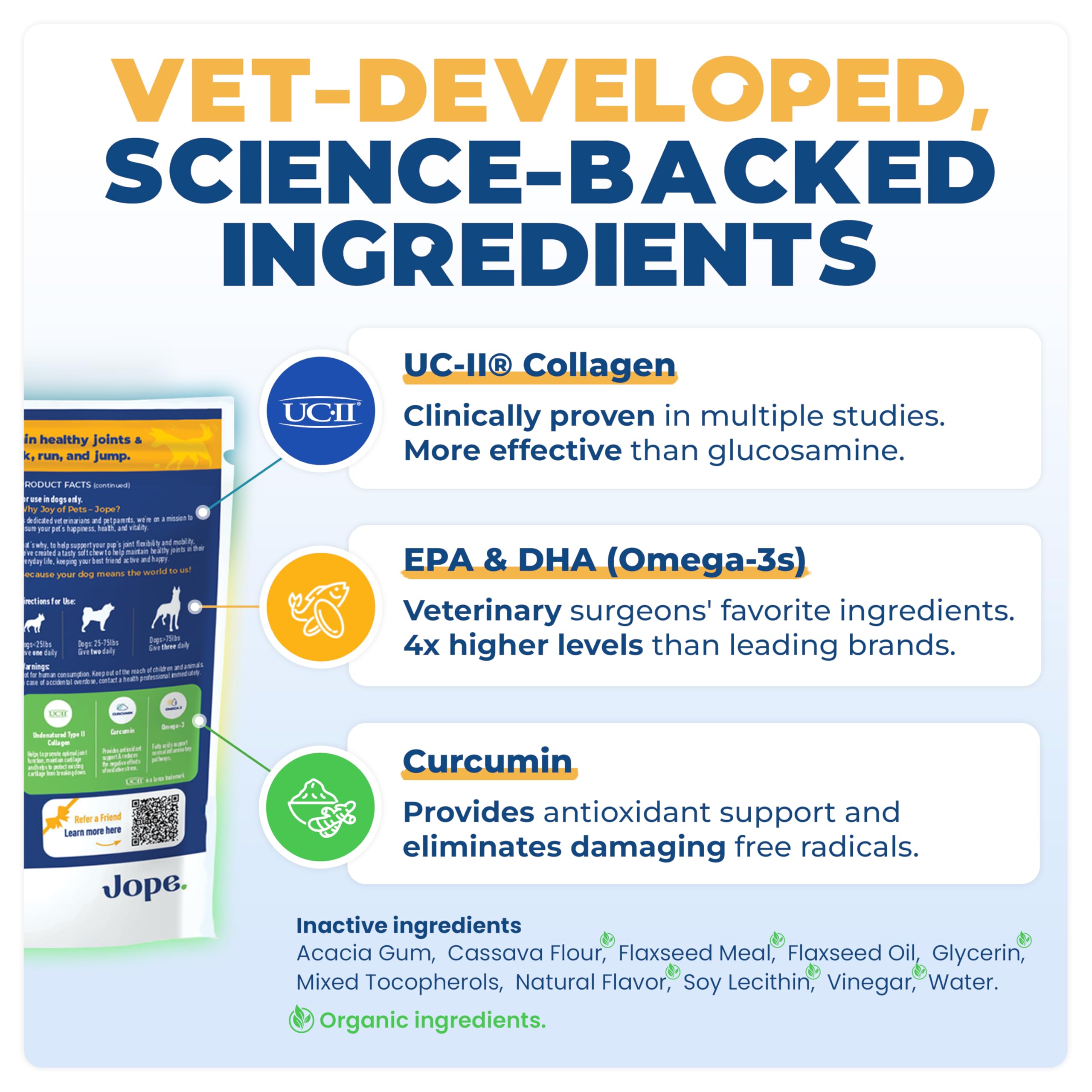 Jope Hip & Joint Supplement for Dogs Large, Medium, Small - Joint Chews w/UC-II® Collagen - Proven Better Than Glucosamine Chondroitin in Canine Health - Veterinarian Formulated, Omega 3 & Curcumin