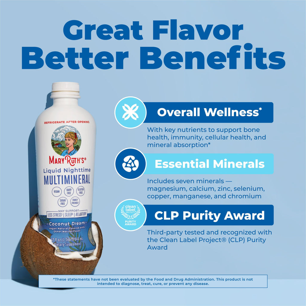 MaryRuth's Liquid Nighttime Multimineral | NO Melatonin | Bedtime Routine | Magnesium Citrate | Calcium | Zinc | Vitamin D3 | Available in 4 Flavors | Vegan | Sugar Free | Gluten Free | 32 Oz