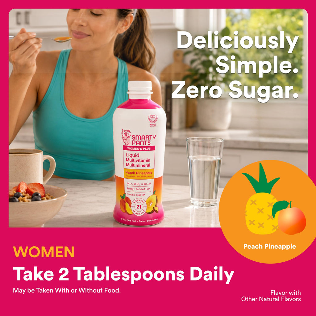 SmartyPants Zero Sugar Liquid Multivitamin Multimineral for Women, Contains Hair, Skin, & Nails Vitamins that Support Immunity, Metabolism, and Bone Health, Peach Pineapple Flavor, 32 Oz (31 Servings)