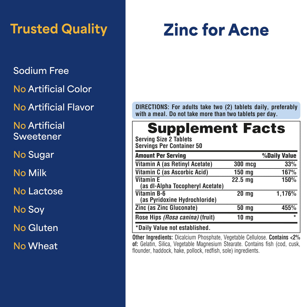 Puritan's Pride Zinc for Acne Skin Formula with Vitamins C, B-6, A, and E for Men and Women, Dietary Supplement for Clear Healthy Skin, Immune System, Cell Division and Growth Support, 100 Tablets