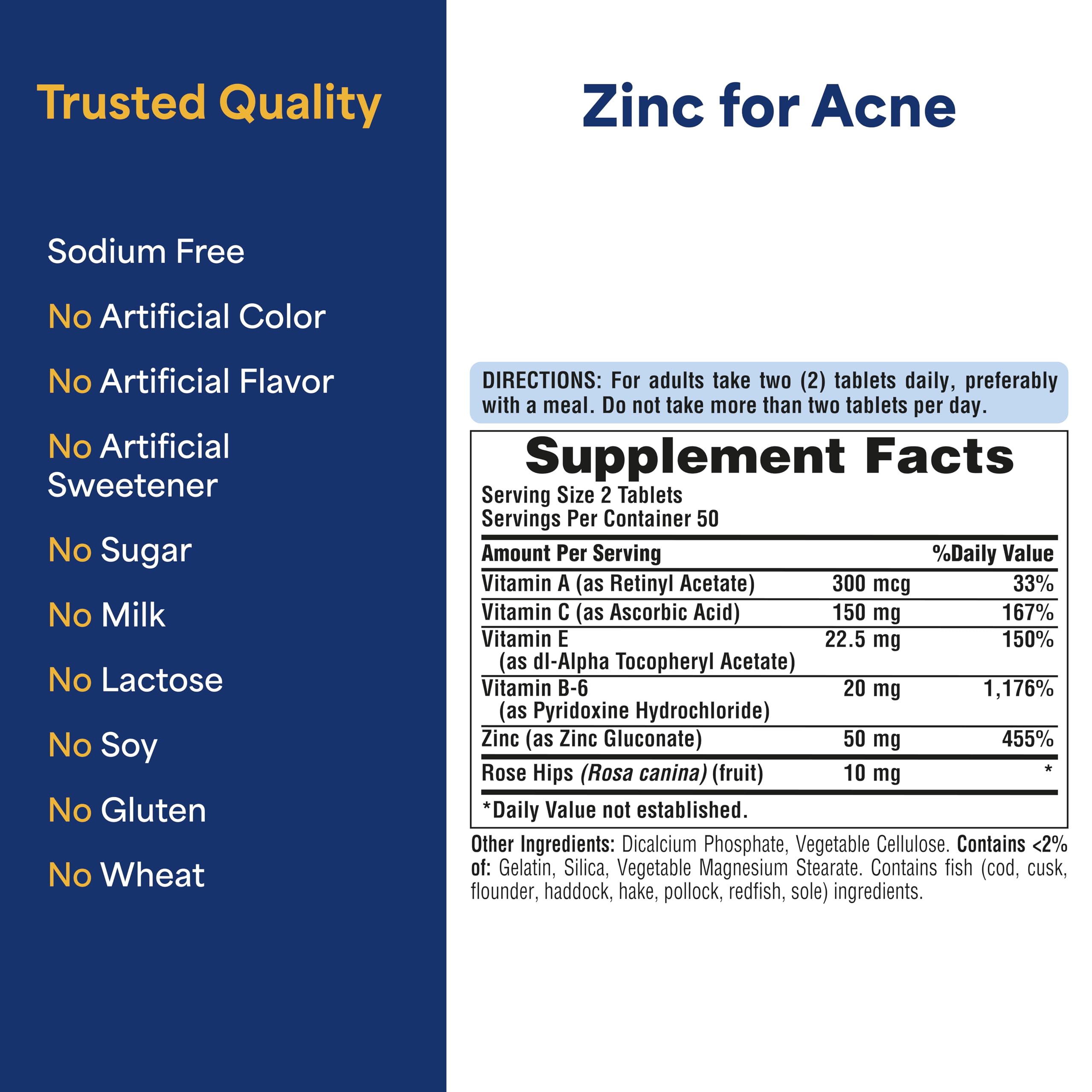 Puritan's Pride Zinc for Acne Skin Formula with Vitamins C, B-6, A, and E for Men and Women, Dietary Supplement for Clear Healthy Skin, Immune System, Cell Division and Growth Support, 100 Tablets