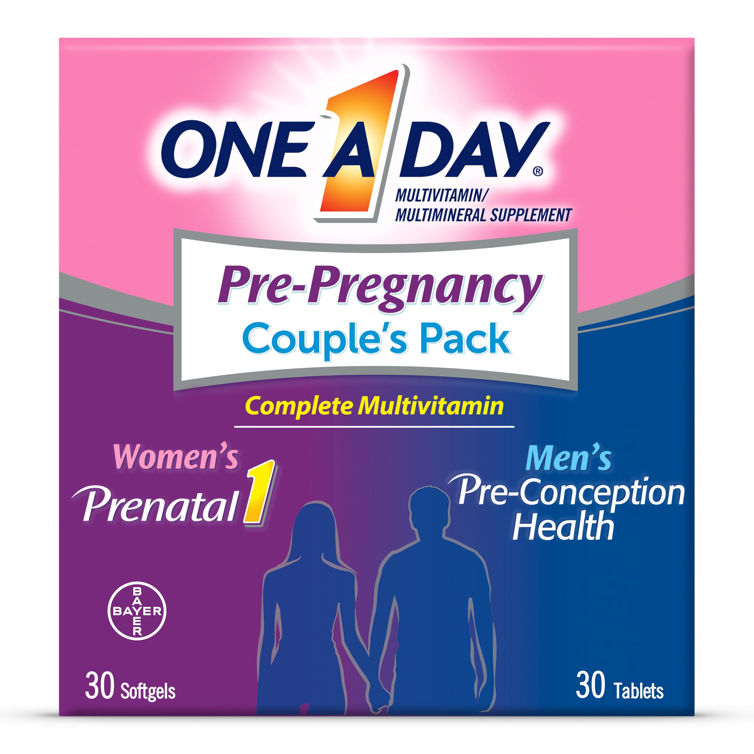 One A Day Men's & Women's Pre-Pregnancy Multivitamin Softgel including Vitamins A, Vitamin C, Vitamin D, B6, B12, Folic Acid & more, 30+30 Count, Supplement for Before, During, and Postnatal
