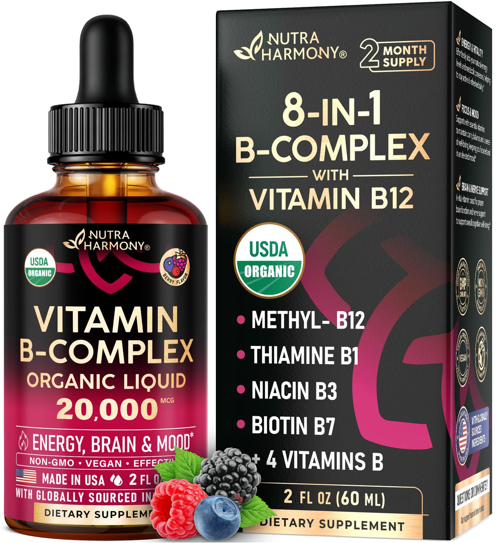 USDA Organic Vitamin B-Complex B5 Pantothenic Acid | B12 Methylcobalamin | B1 Thiamine | B6 Pyridoxine | B7 Biotin | B9 Folic | B3 Niacinamide - B Complex Liquid Drops, Natural Berry Flavor, 2fl oz