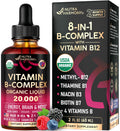 USDA Organic Vitamin B-Complex B5 Pantothenic Acid | B12 Methylcobalamin | B1 Thiamine | B6 Pyridoxine | B7 Biotin | B9 Folic | B3 Niacinamide - B Complex Liquid Drops, Natural Berry Flavor, 2fl oz