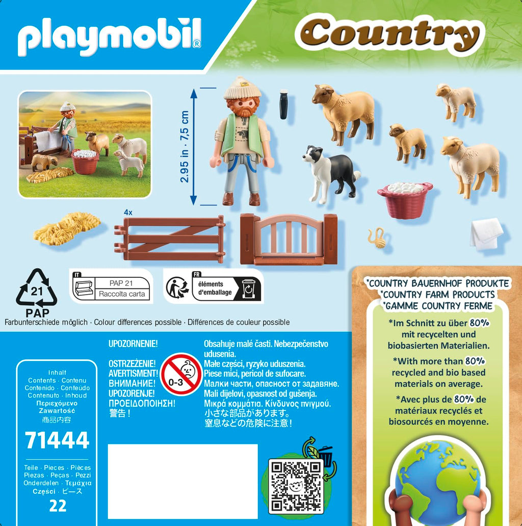 Playmobil 71444 Shepherd with Sheep - Country - with 5 Animals and 1 Character - Toy made with More than 80% recycled or bio-sourced materials on average. Suitable for ages 4 and up
