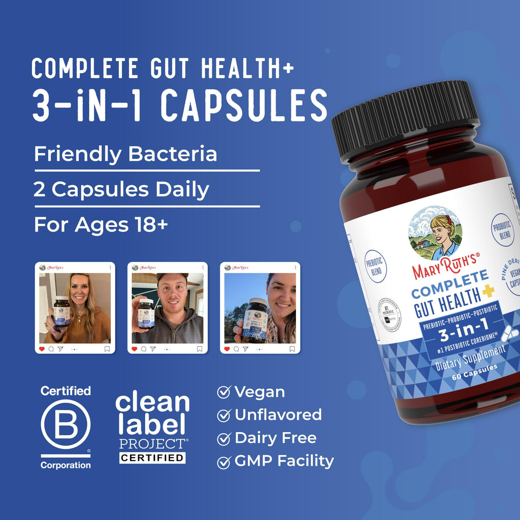 MARYRUTH'S Complete Gut Health+ Probiotic Capsules, with Post & Prebiotics
