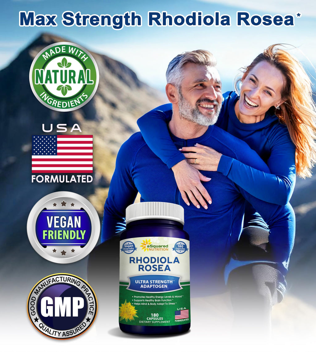 aSquared Nutrition Rhodiola Rosea Supplement 1000mg - 180 Vegan Capsules - Max Strength Rhodiola Root Extract Pills Improve Pure Energy, Brain Function & Stress Relief -Golden Root Herb Powder Tablets