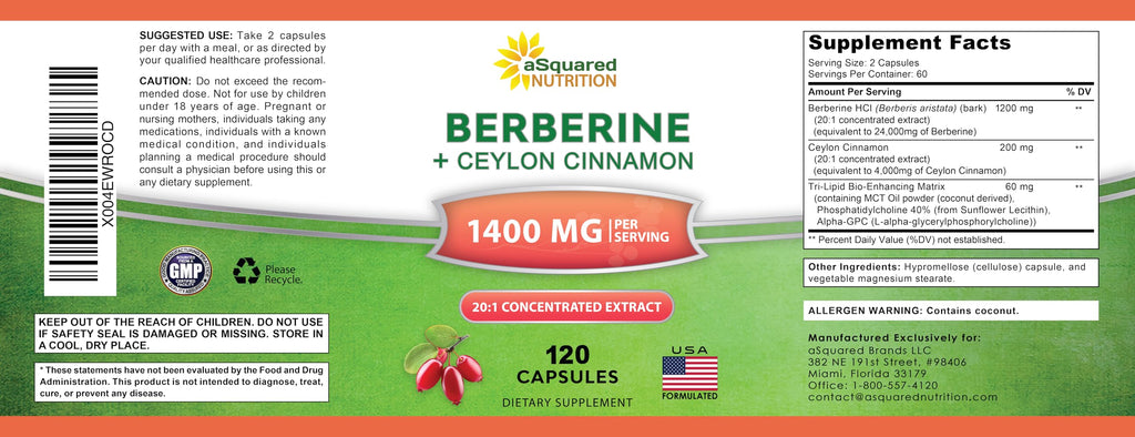 aSquared Nutrition Berberine with Ceylon Cinnamon Supplement - Max Strength Complex - 120 Capsules - Berberine HCl 1200mg Per Serving - Extract Plus Pills Alternative to Gummies & Drops (Pack of 2)