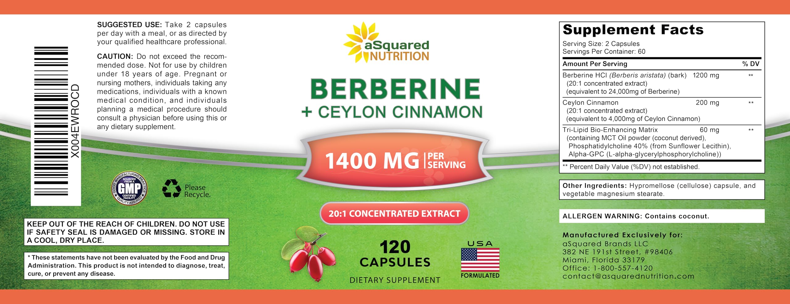 aSquared Nutrition Berberine with Ceylon Cinnamon Supplement - Max Strength Complex - 120 Capsules - Berberine HCl 1200mg Per Serving - Extract Plus Pills Alternative to Gummies & Drops (Pack of 2)