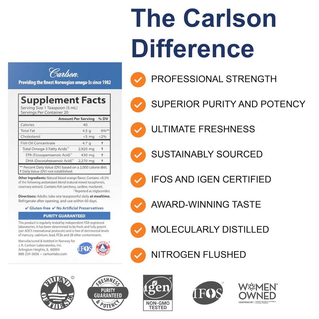 Carlson - Elite DHA, 2270 mg DHA, Professional Strength, Norwegian Fish Oil Concentrate, Cognitive Function & Vision Support, Orange, 100 mL