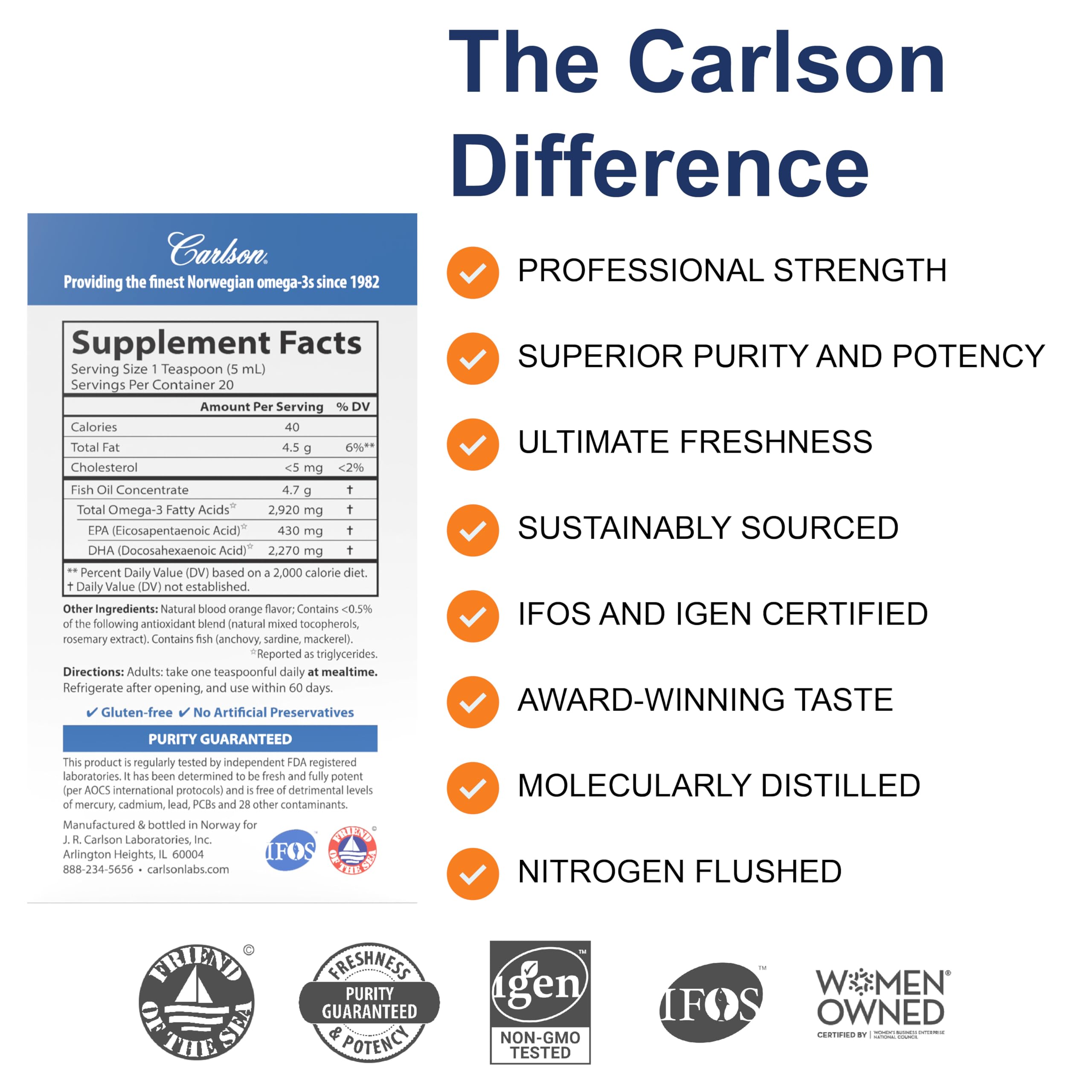 Carlson - Elite DHA, 2270 mg DHA, Professional Strength, Norwegian Fish Oil Concentrate, Cognitive Function & Vision Support, Orange, 100 mL