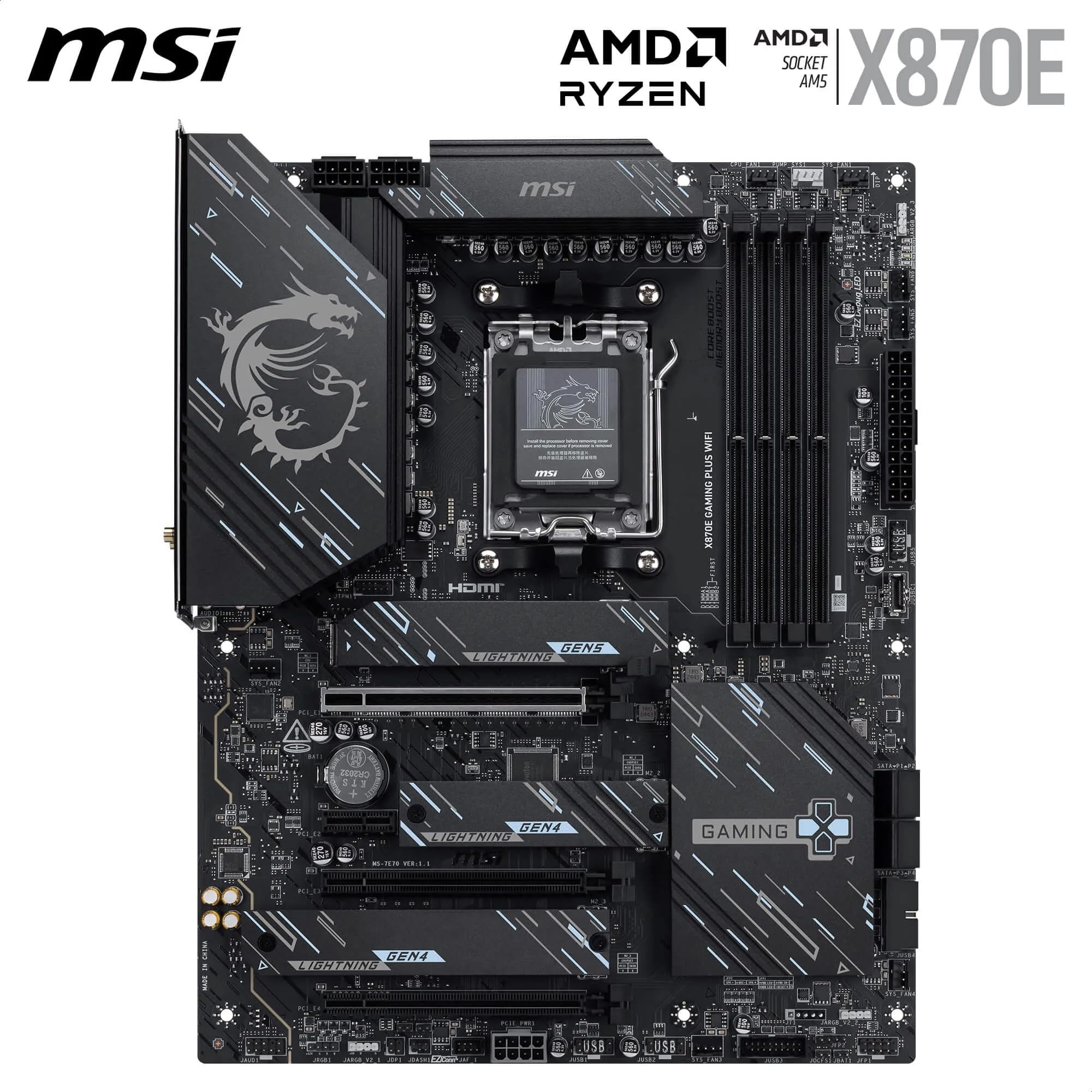 MSI X870E Gaming Plus WiFi Motherboard, ATX - Supports AMD Ryzen 9000/8000 / 7000 Processors, AM5-60A SPS VRM, DDR5 Memory Boost 8200+ MT/s (OC), PCIe 5.0 x16 & 4.0 x4, M.2 Gen5, Wi-Fi 7, 5G LAN