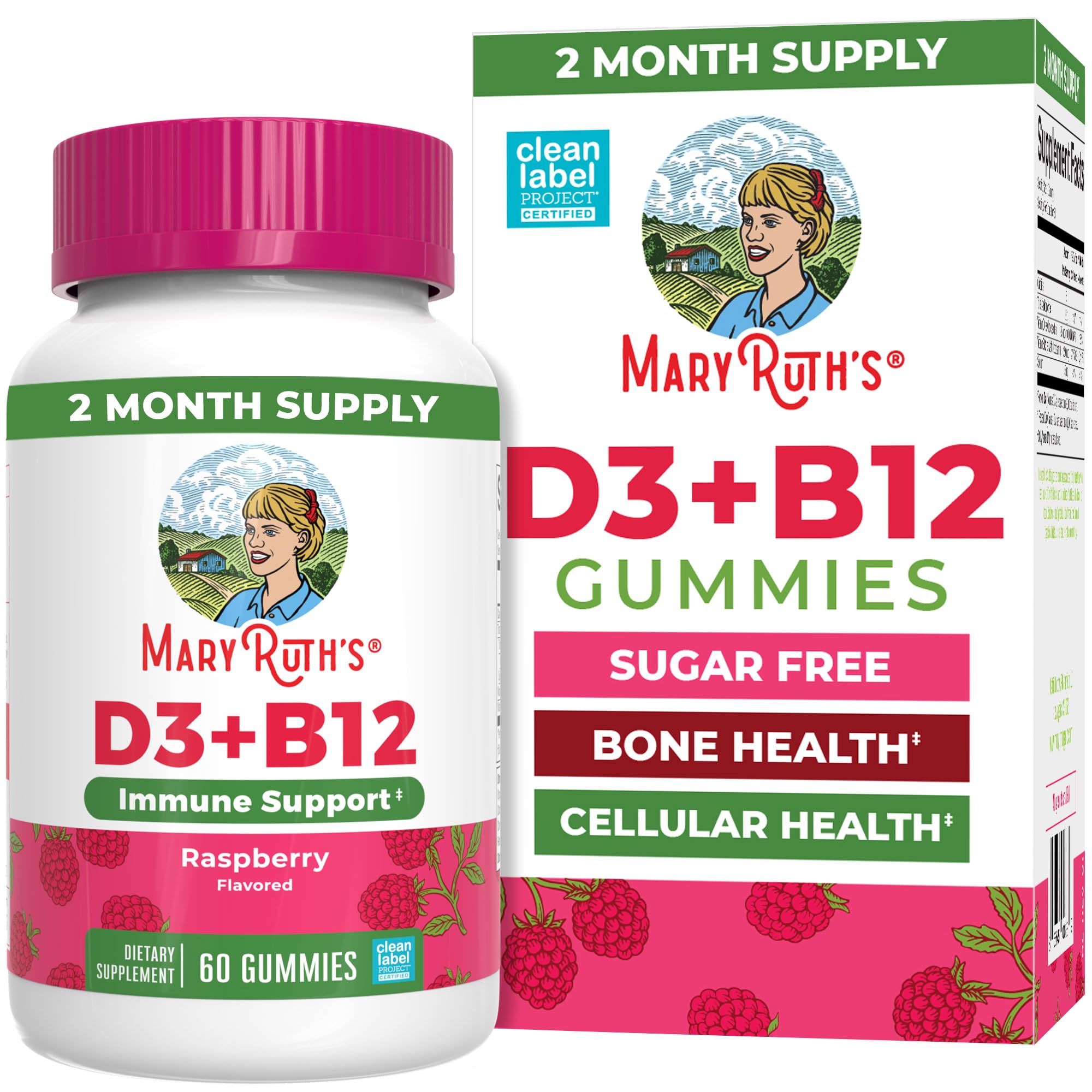 MARYRUTH'S Vitamin D3 + B12 Gummies for Ages 4+, Sugar Free, 60 Servings