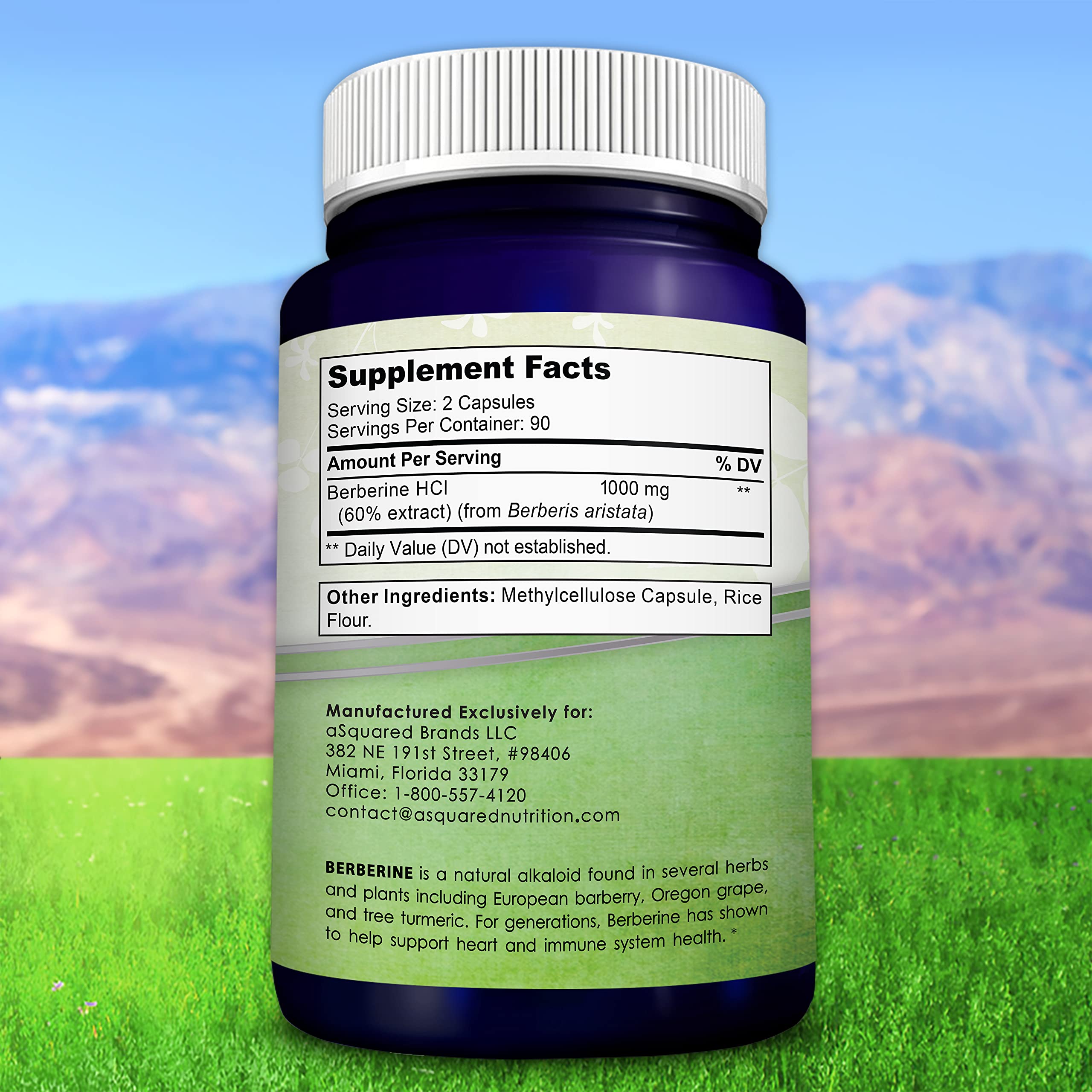 aSquared Nutrition Pure Berberine 1000mg Supplement - 180 Veggie Capsules, Natural Berberine Hydrochloride HCL Plus, Max Strength 1000 mg (2X 500mg), Potent Berberine Vegan Extract