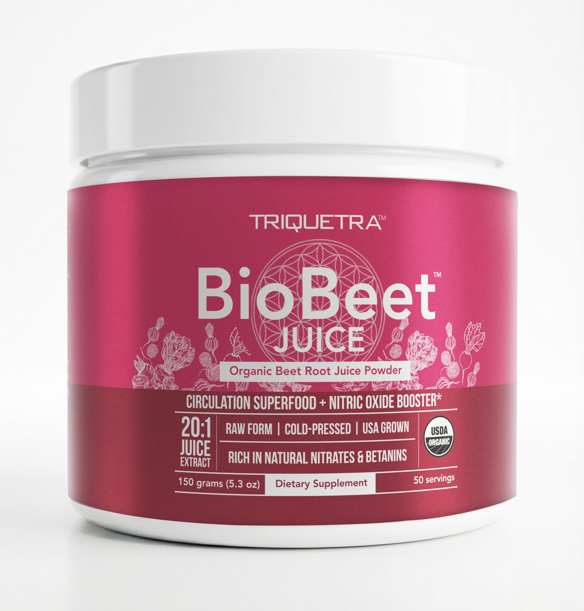 BioBeet® Max Strength Beet Root Juice Powder – 20:1 Concentrate, Each Serving Derived from 60,000 mg Organic Beetroot - Cold-Pressed, USA Grown – Nitric Oxide, Circulation Support – 50 Servings