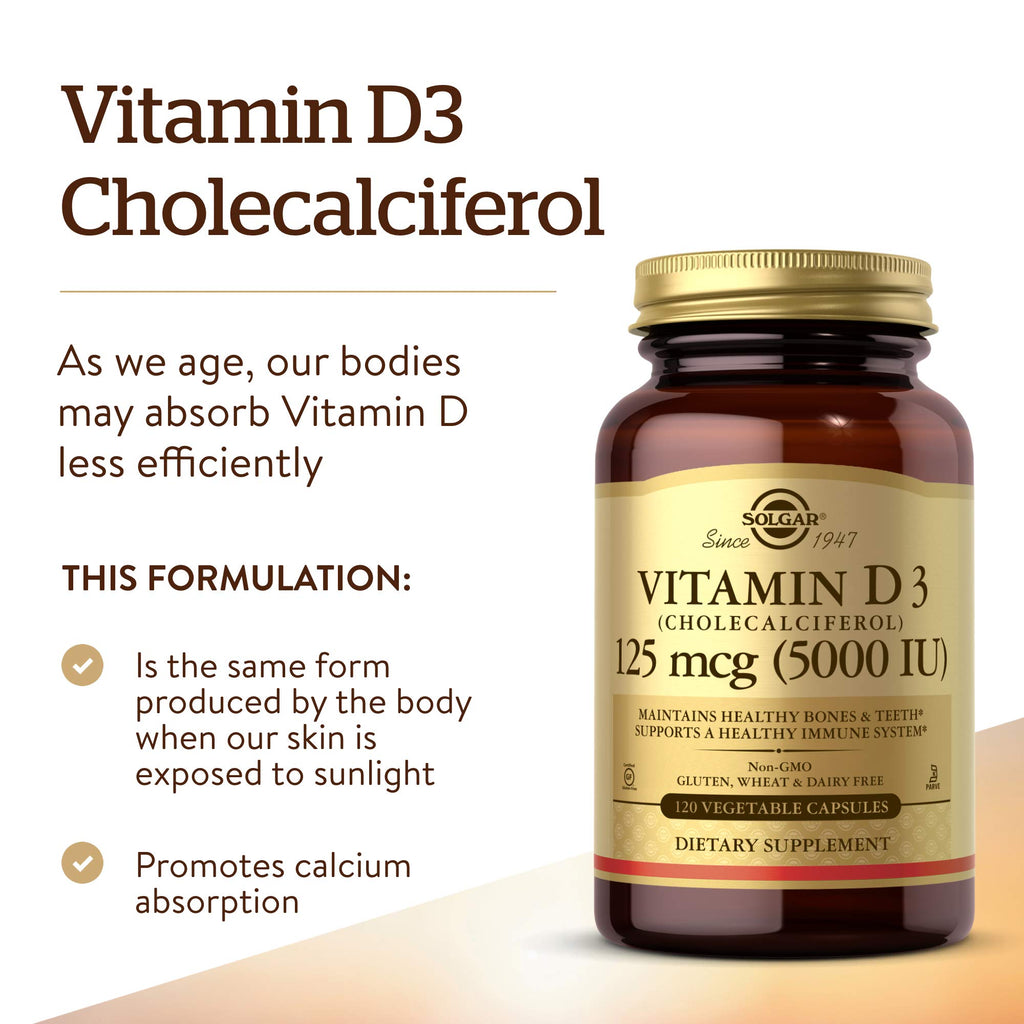 Solgar Vitamin D3 (Cholecalciferol) 125 Mcg (5000 IU), 120 Vegetable Capsules - Helps Maintain Healthy Bones & Teeth - Immune System Support - Non-GMO, Gluten Free, Dairy Free, Kosher - 120 Servings