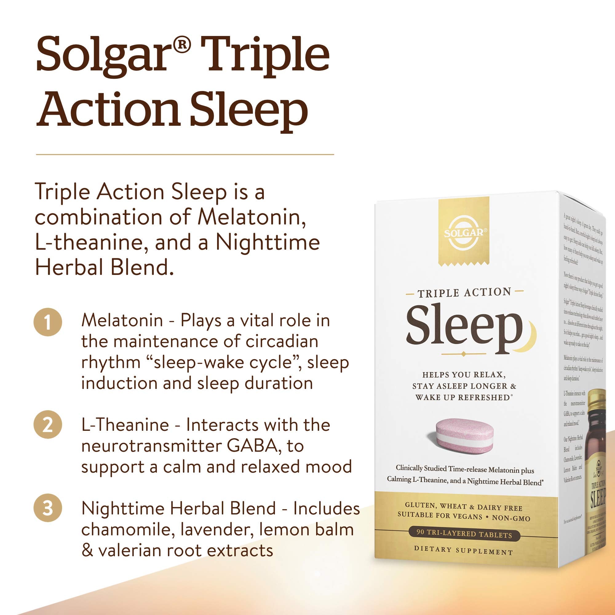 Solgar Triple Action Sleep, 90 Tri-Layer Tablets - Time-Release Melatonin & L-Theanine Plus Herbal Blend - Helps You Relax, Fall Asleep Fast & Stay Asleep Longer - Non-GMO, Gluten Free - 90 Servings