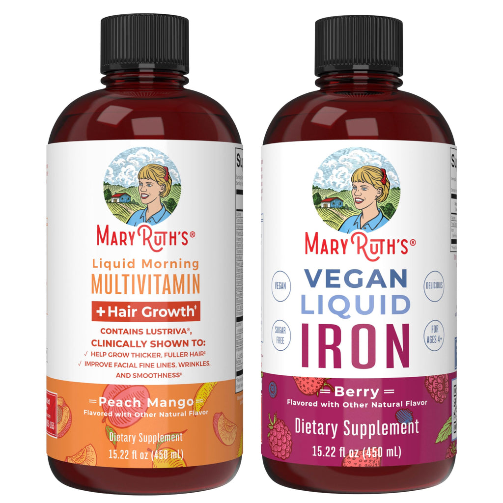 MaryRuth's MaryRuth's Liquid Morning Multivitamin +Hair Growth (Peach Mango, 15.22oz) & Iron Liquid (Berry) | Clean Label Project Verified® | Beauty, Immunity, & Overall Health | Vegan, Non-GMO
