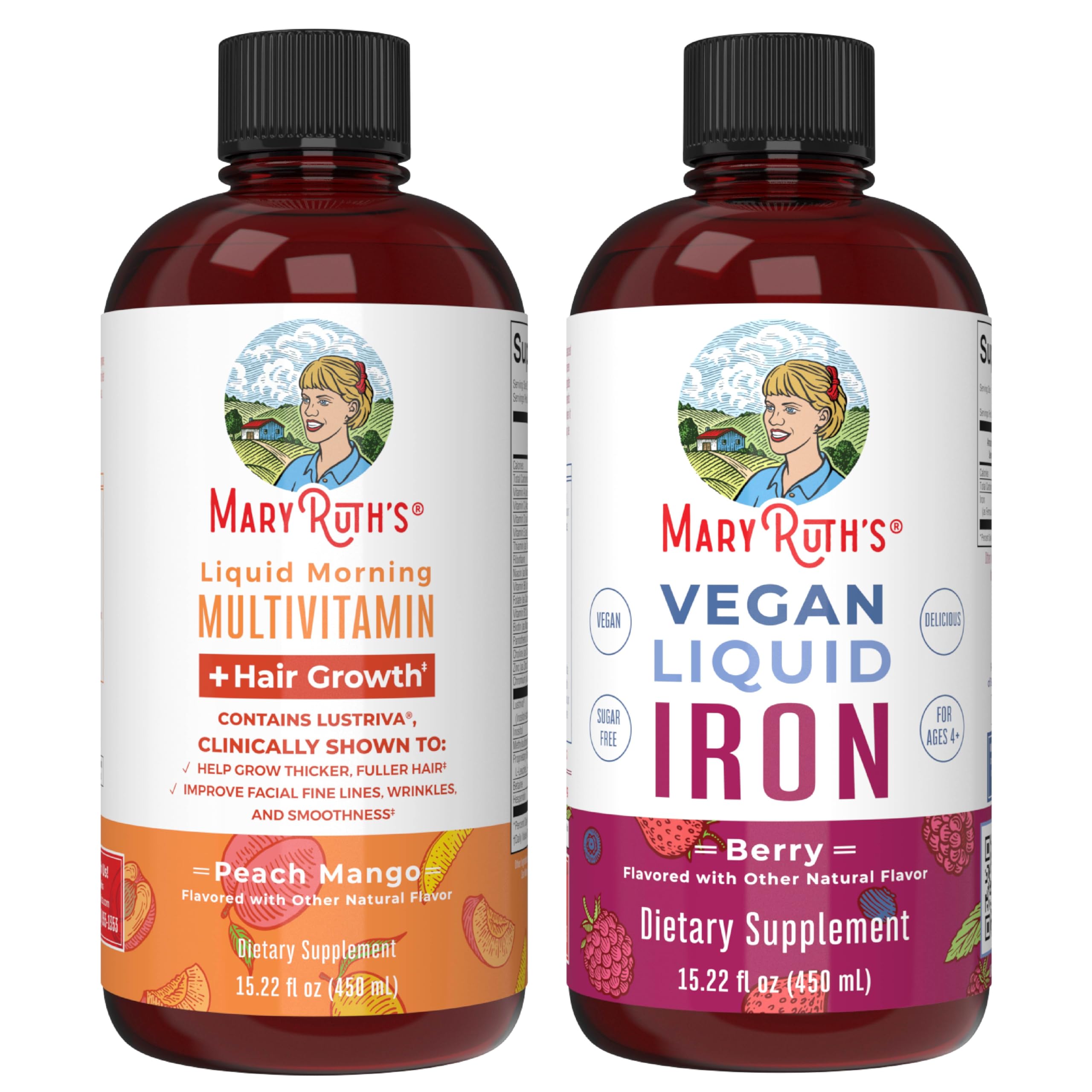 MaryRuth's MaryRuth's Liquid Morning Multivitamin +Hair Growth (Peach Mango, 15.22oz) & Iron Liquid (Berry) | Clean Label Project Verified® | Beauty, Immunity, & Overall Health | Vegan, Non-GMO