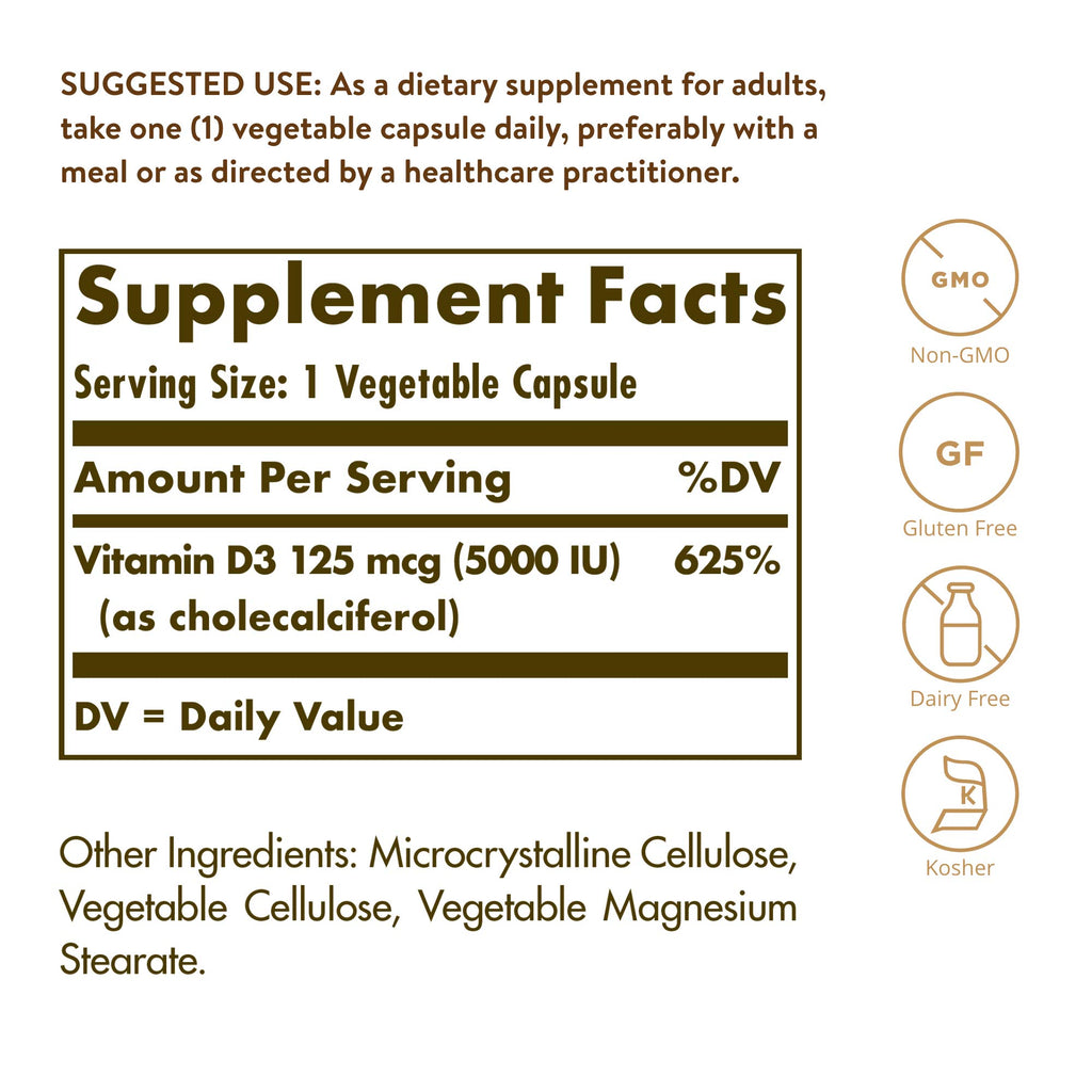Solgar Vitamin D3 (Cholecalciferol) 125 Mcg (5000 IU), 120 Vegetable Capsules - Helps Maintain Healthy Bones & Teeth - Immune System Support - Non-GMO, Gluten Free, Dairy Free, Kosher - 120 Servings