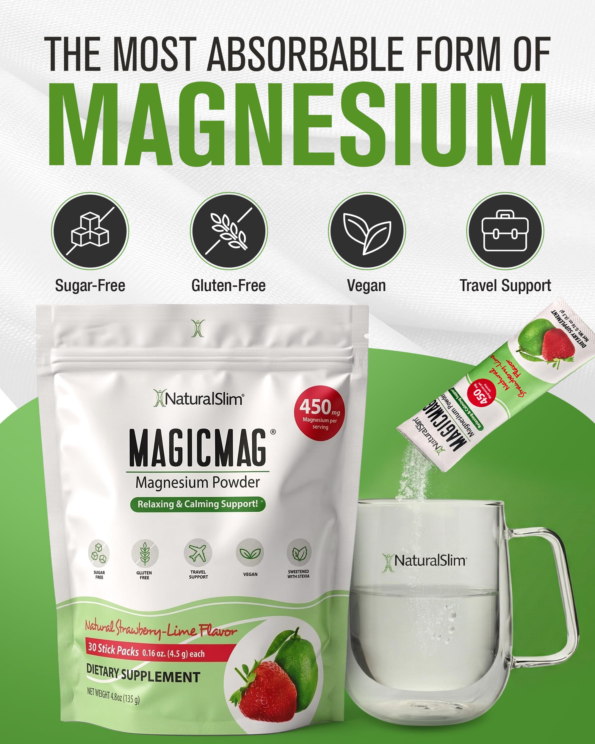NaturalSlim MagicMag Magnesium Citrate Powder for Stress, Constipation, Muscle & Heart Health, Better Rest & Digestive Support, Magnesium Supplement for Women and Men, 0.16 oz – Strawberry Lime
