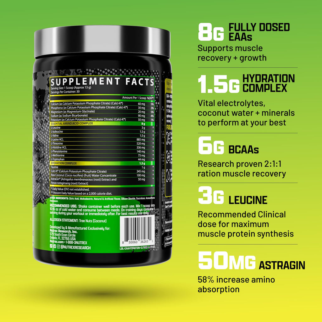 Nutrex Research EAA Hydration | EAAs + BCAA Powder | Muscle Recovery, Strength, Muscle Building, Endurance | 8G Essential Amino Acids + Electrolytes | (Packaging My Vary) 30 Servings (Lemon Lime)