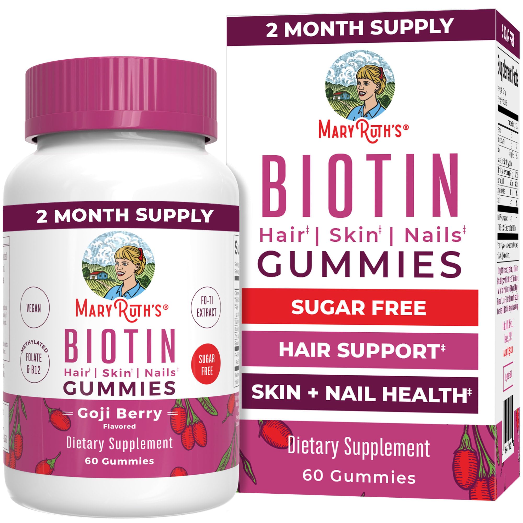 MARYRUTH'S Biotin Gummies, Hair Growth, Vegan, Sugar Free, Non-GMO, 60 Ct