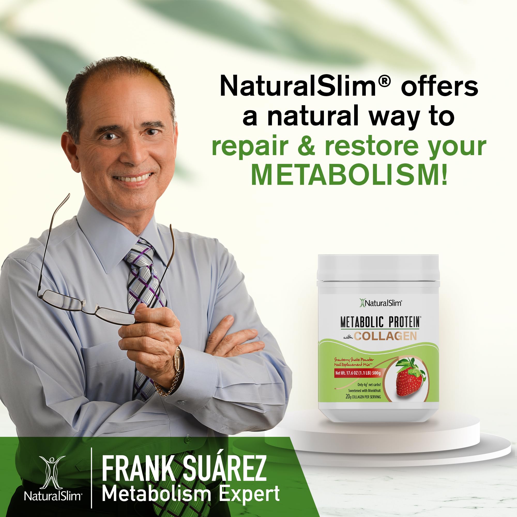 NaturalSlim Metabolic Protein Powder with Collagen | Whey Protein & L-Glutamine | Supports Metabolism, Digestion, Skin & Muscle | Low Carb | 17.06 oz Strawberry