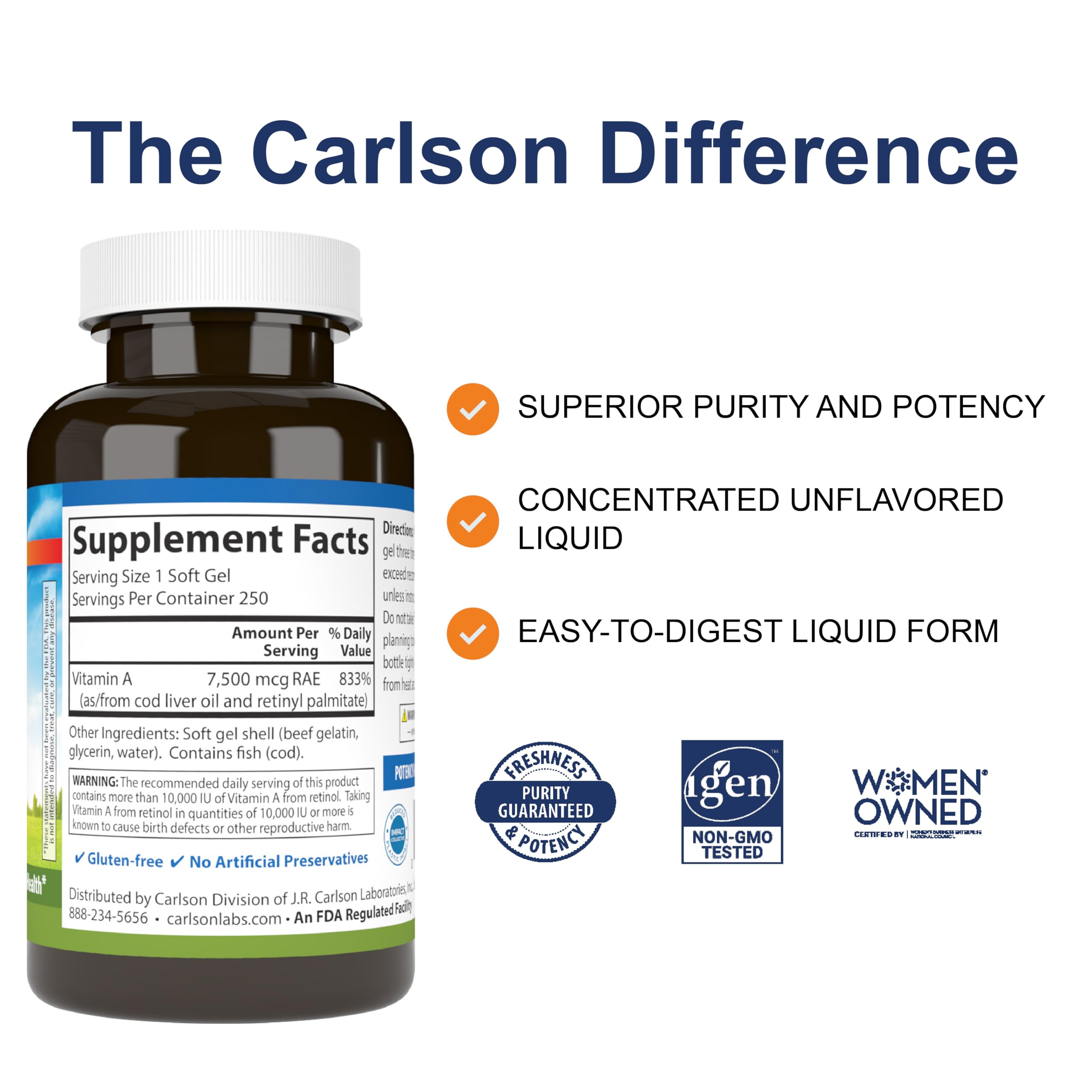 Carlson Vitamin A, 25000 IU (7500 mcg RAE), Vision Health, 250 Softgels