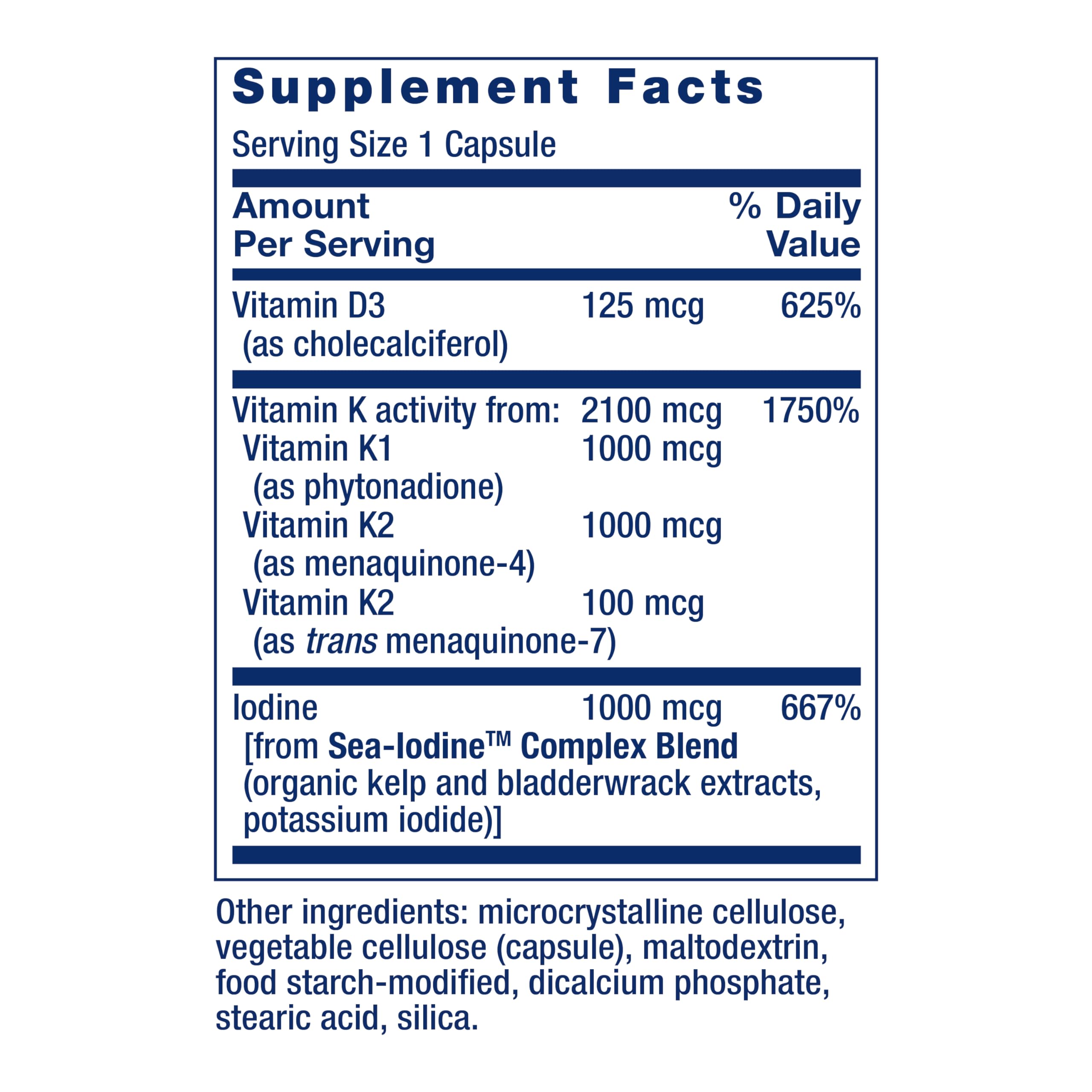 Life Extension Vitamins D and K with Sea-Iodine, Vitamin D3, Vitamin K1 and K2, Iodine, Supports Immune, Bone, arterial and Thyroid Health, Non-GMO, Gluten-Free, 60 Capsules