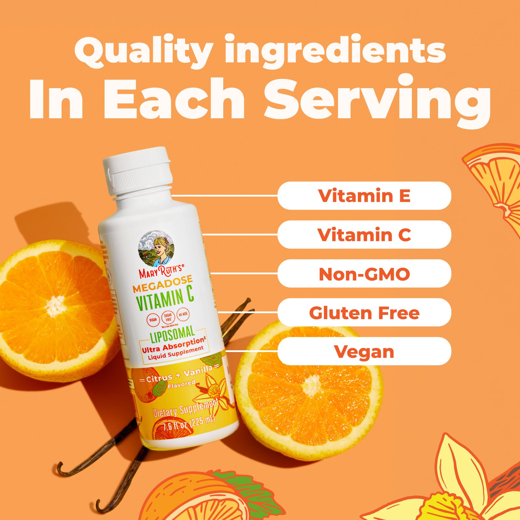 MaryRuth's Megadose Liquid Vitamin C 500mg Liposomal, Vegan, 30 Servings