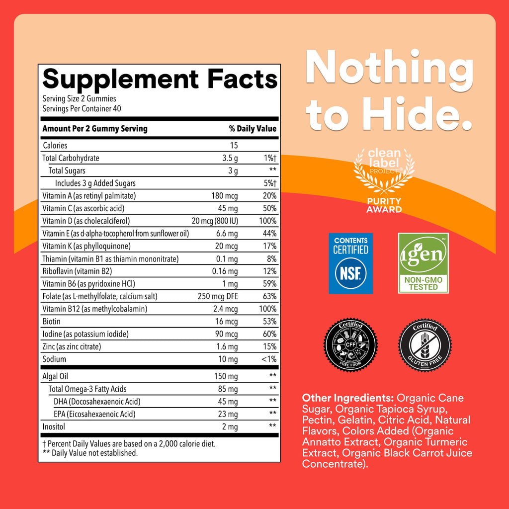 SmartyPants Kids Multivitamin Gummies, Omega 3 (DHA/EPA), Vitamins D3, C, B12, B6, Vitamin A, K & Zinc, Gluten Free, Three Fruit Flavors, 80 Count (40 Day Supply)