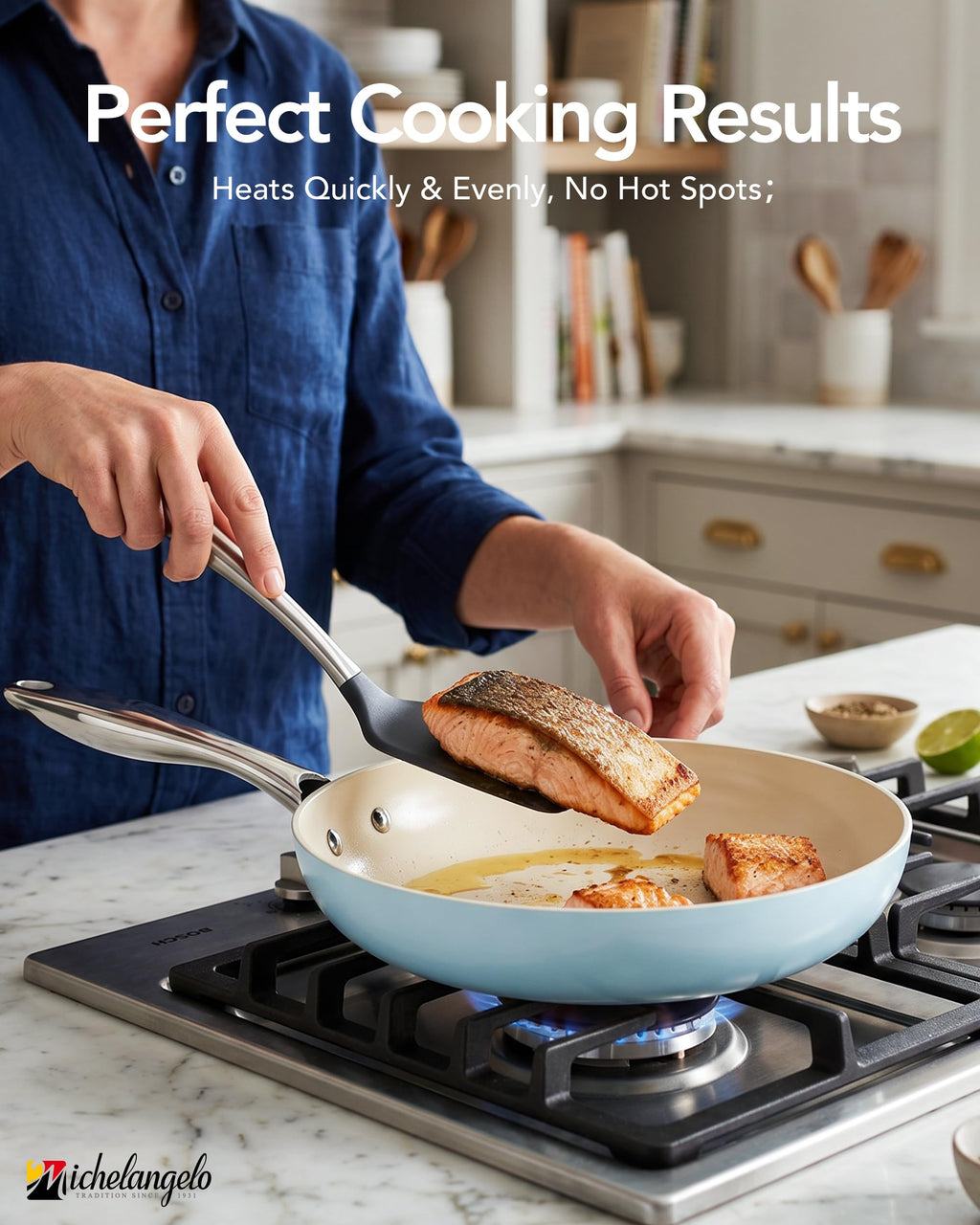 MICHELANGELO Pots and Pans Set Non Stick, 8-Piece Ti-infused Ceramic Cookware Set with Silicone Utensils - Induction Compatible, Oven Safe, PFOA-Free, Blue