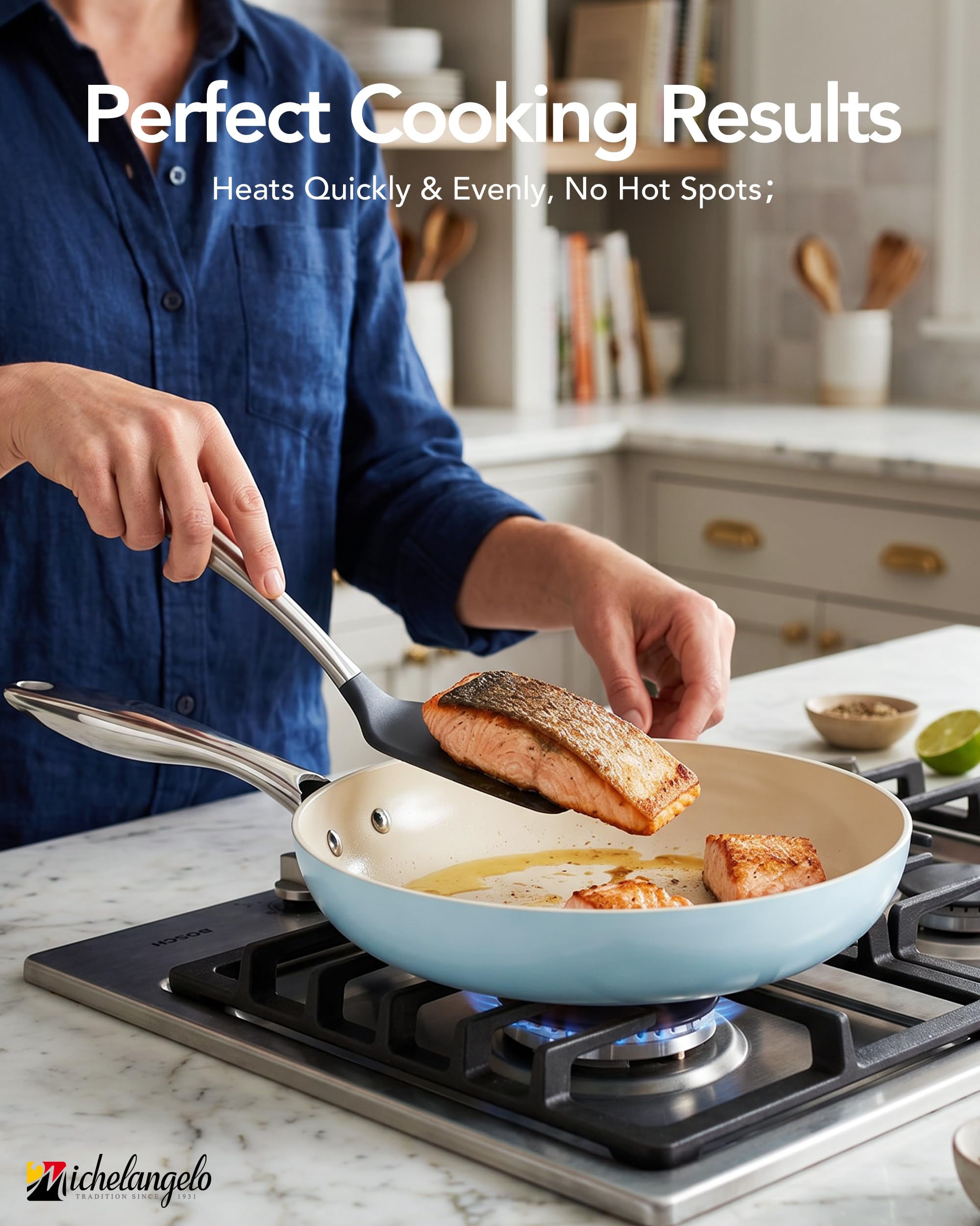 MICHELANGELO Pots and Pans Set Non Stick, 8-Piece Ti-infused Ceramic Cookware Set with Silicone Utensils - Induction Compatible, Oven Safe, PFOA-Free, Blue