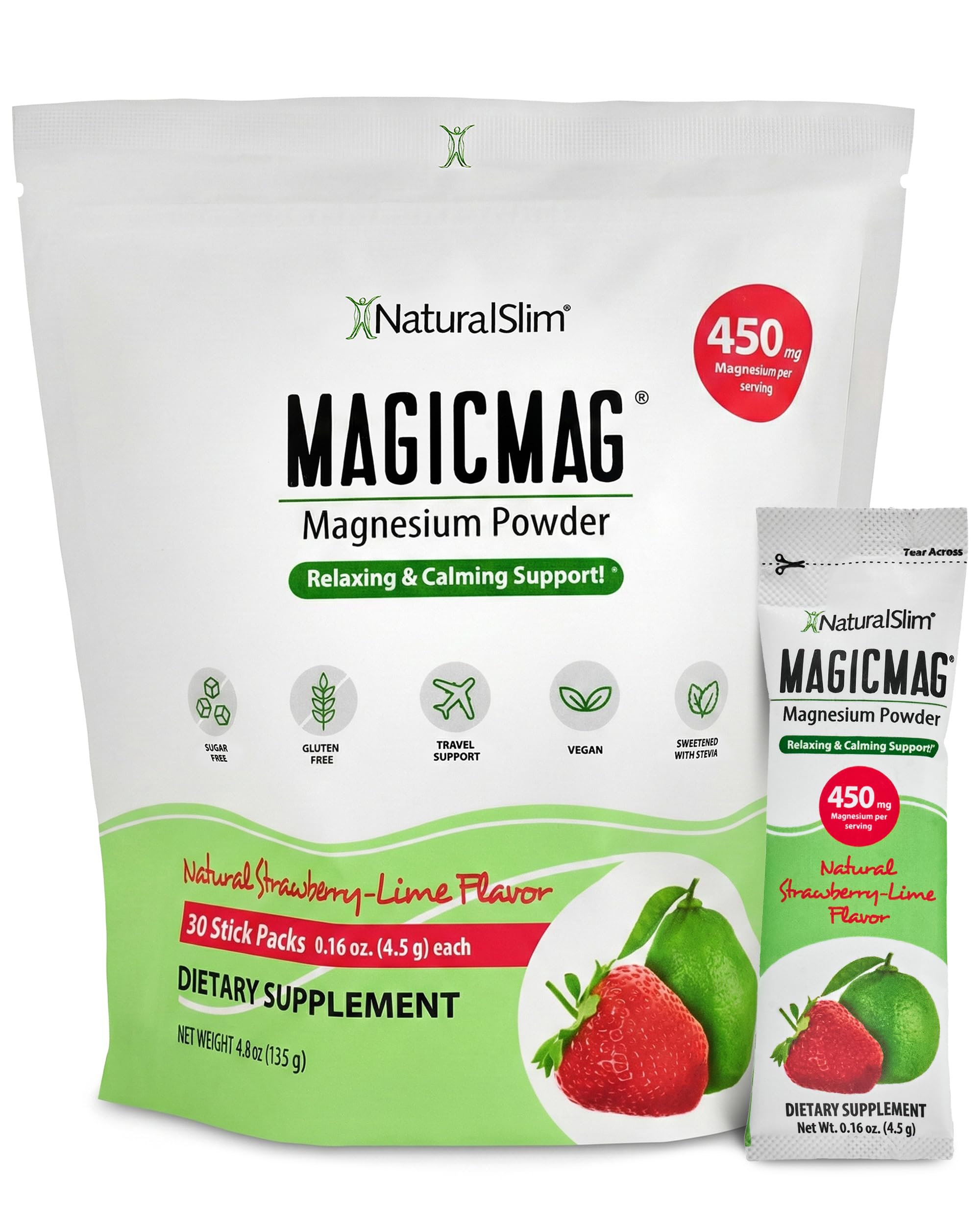 NaturalSlim MagicMag Magnesium Citrate Powder for Stress, Constipation, Muscle & Heart Health, Better Rest & Digestive Support, Magnesium Supplement for Women and Men, 0.16 oz – Strawberry Lime