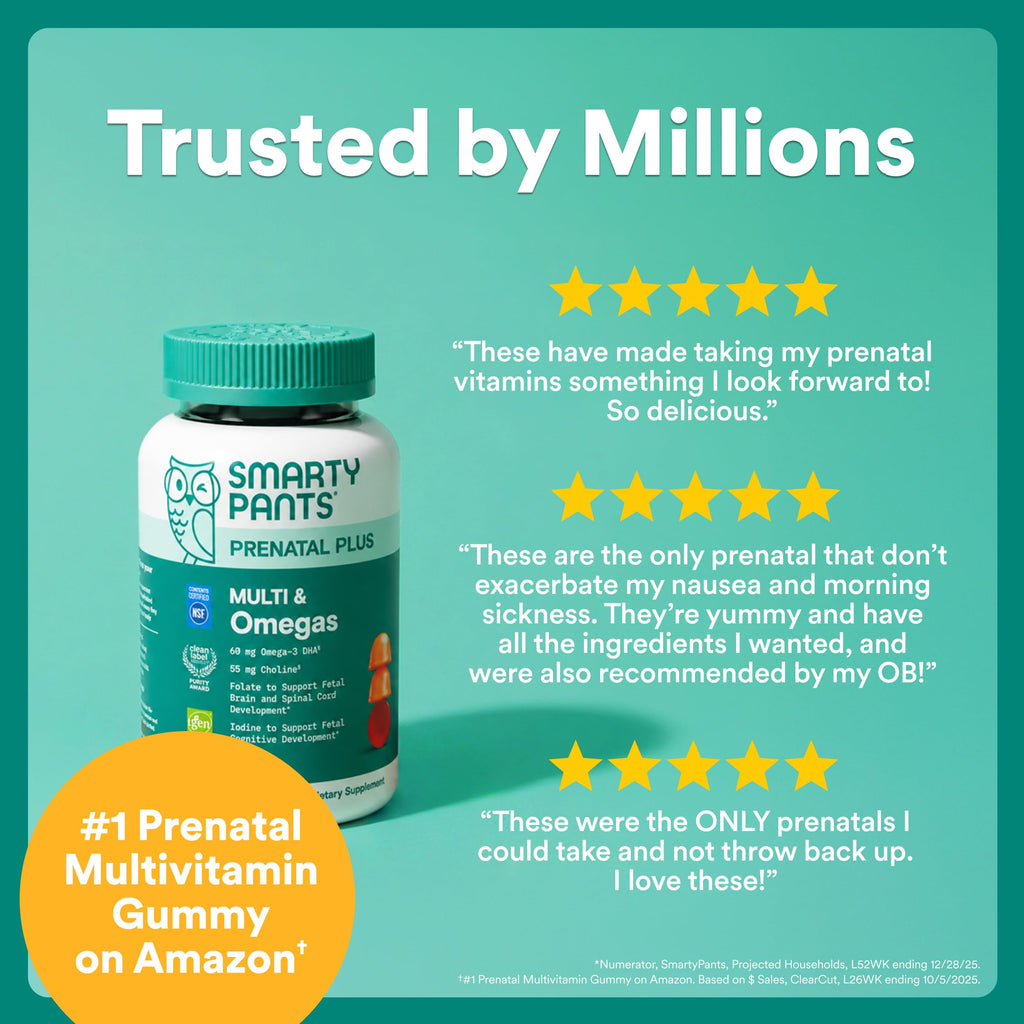 SmartyPants Prenatal Multivitamin Gummies, Omega 3 (DHA/EPA), Methylfolate, Biotin, Vitamin D3, C, Vitamin B12, B6, Vitamin A, K & Zinc, Gluten Free, 120 Count (40 Day Supply)