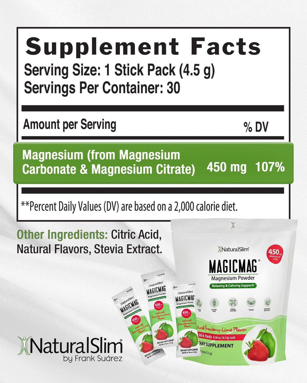 NaturalSlim MagicMag Magnesium Citrate Powder for Stress, Constipation, Muscle & Heart Health, Better Rest & Digestive Support, Magnesium Supplement for Women and Men, 0.16 oz – Strawberry Lime