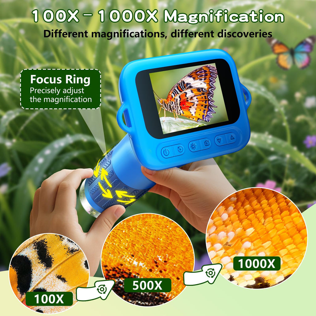 Odatay 1000X Digital Kids Microscope Kit with 12 Slides & 2" Screen, Blue